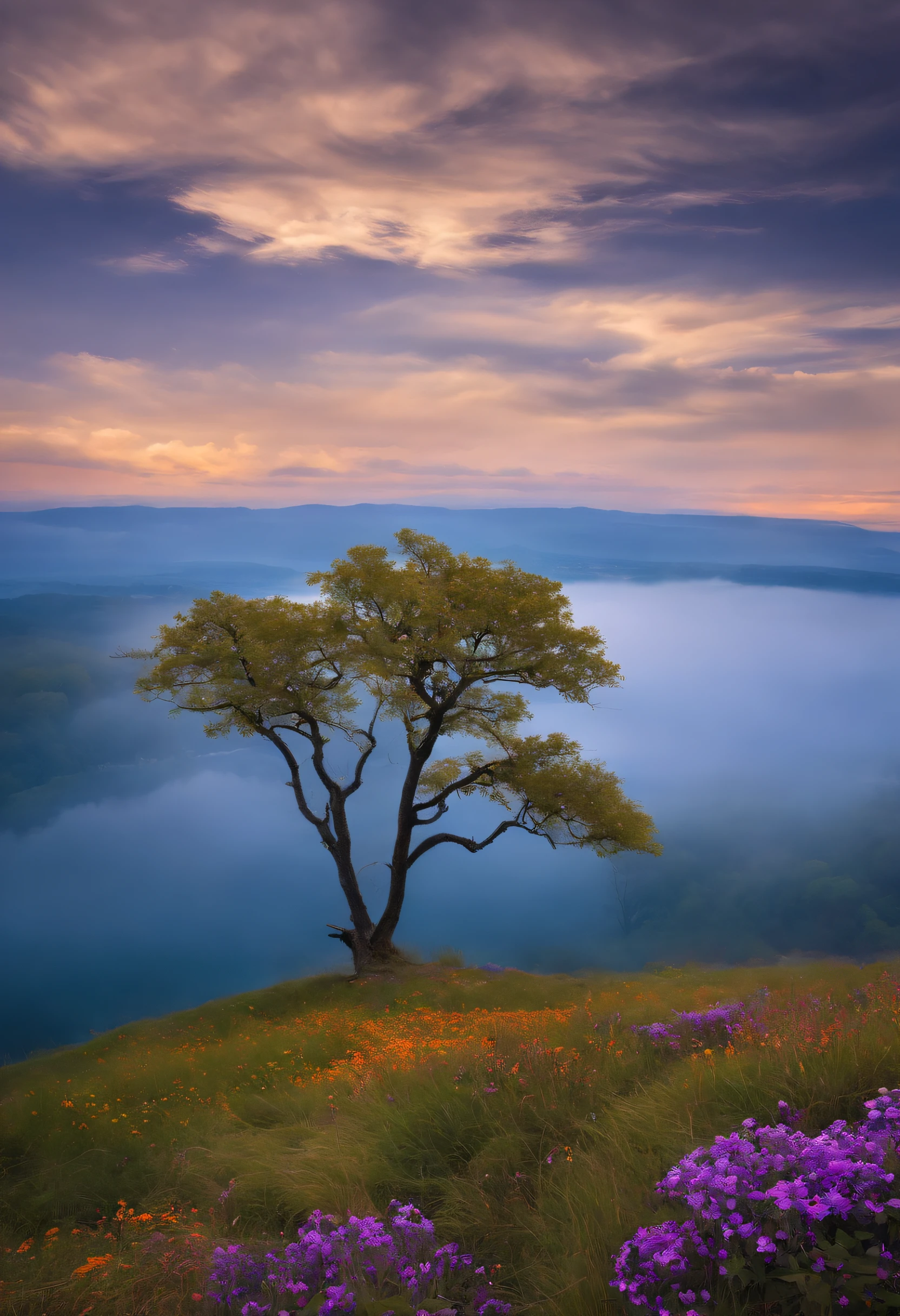 A Tree on hill, tree with lots of leaf, man sit alone, man in peace, blue sky, lots of grass, violet flowers, orange flowers, crystal flowers, dispersal flowers in prairie, 8K, realistic, sunshine in corner of picture, little lake among prairie, reflection in water,