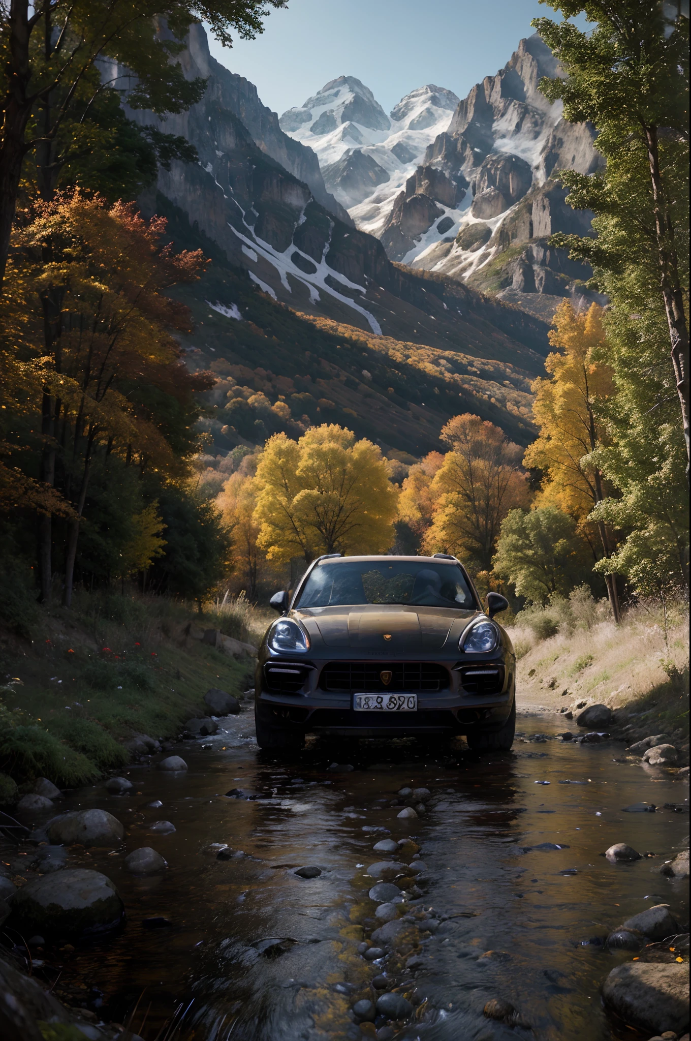 a painting (Porsche Cayenne), and mountain scene with a river and trees, car centered, el bosco and dan mumford, autumn mountains, scenery artwork, dan mumford and albert bierstadt, by Justin Gerard, mountainscape, middle earth landscape, dan mumford and peter mohrbacher, painting by dan mumford, in the style dan mumford artwork, in the art style of dan mumford