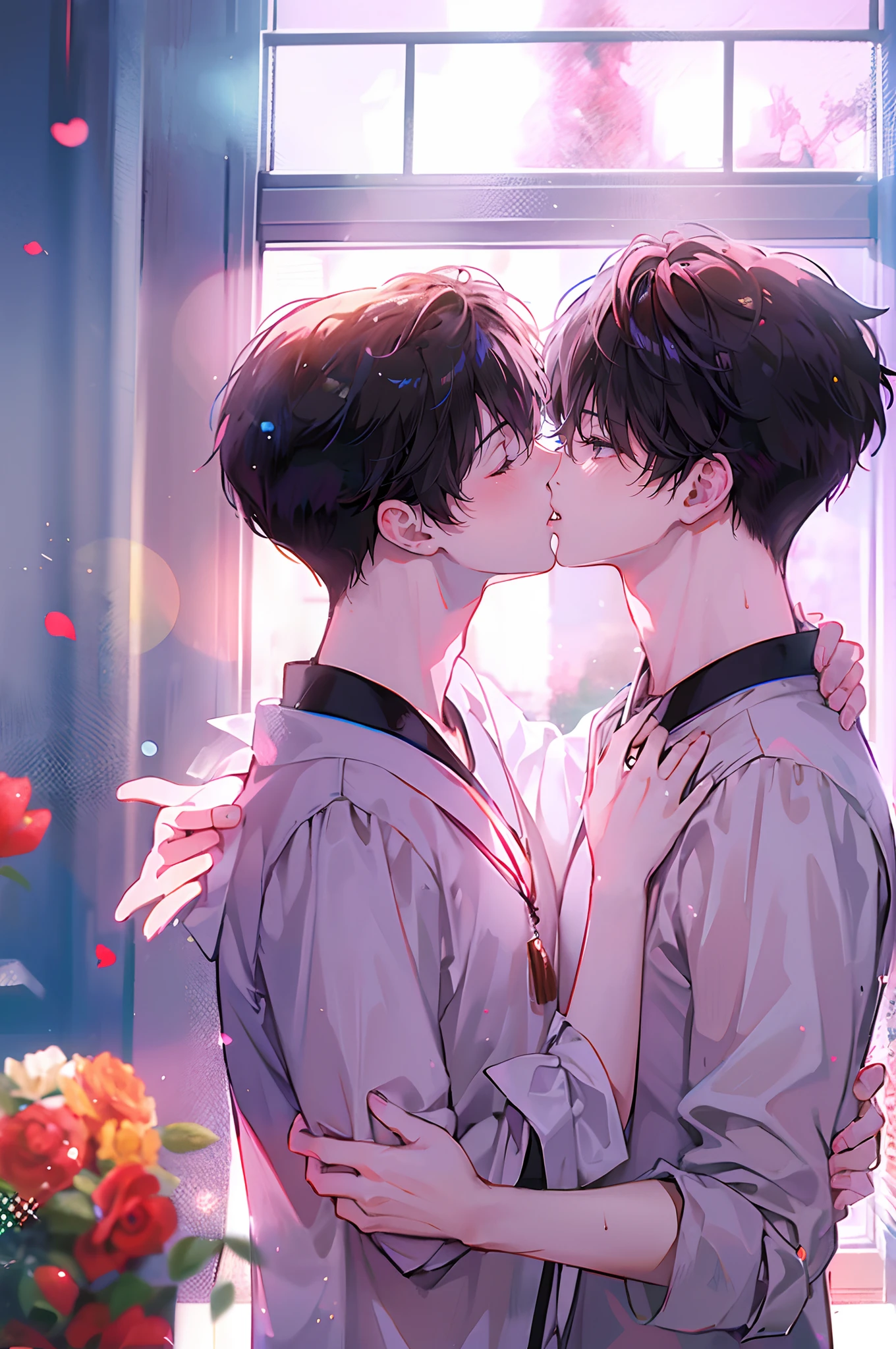 (4K works))、​masterpiece、(top-quality)、Korean couple、((Male couple))、Kissing each other、the kiss、Kiss while hugging、Happiness、((Short-haired man in white))、((Man with short black hair))、Adult male、Two people making love by the window、Happy memories、lovey-dovey、Happy Photo、Happy dating、((Boys Love))、((Yaoi))