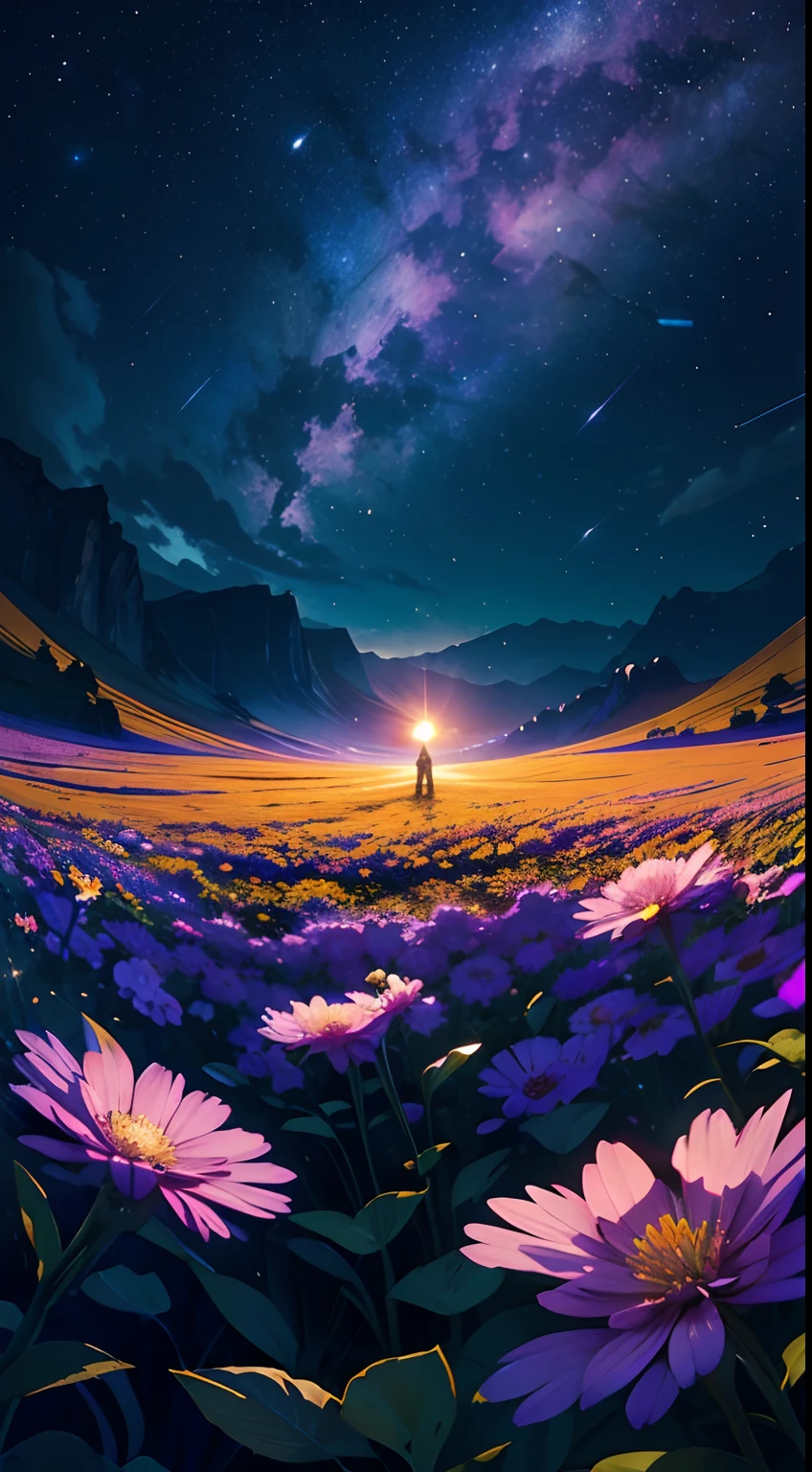 A painting of a man standing in a field of flowers - SeaArt AI