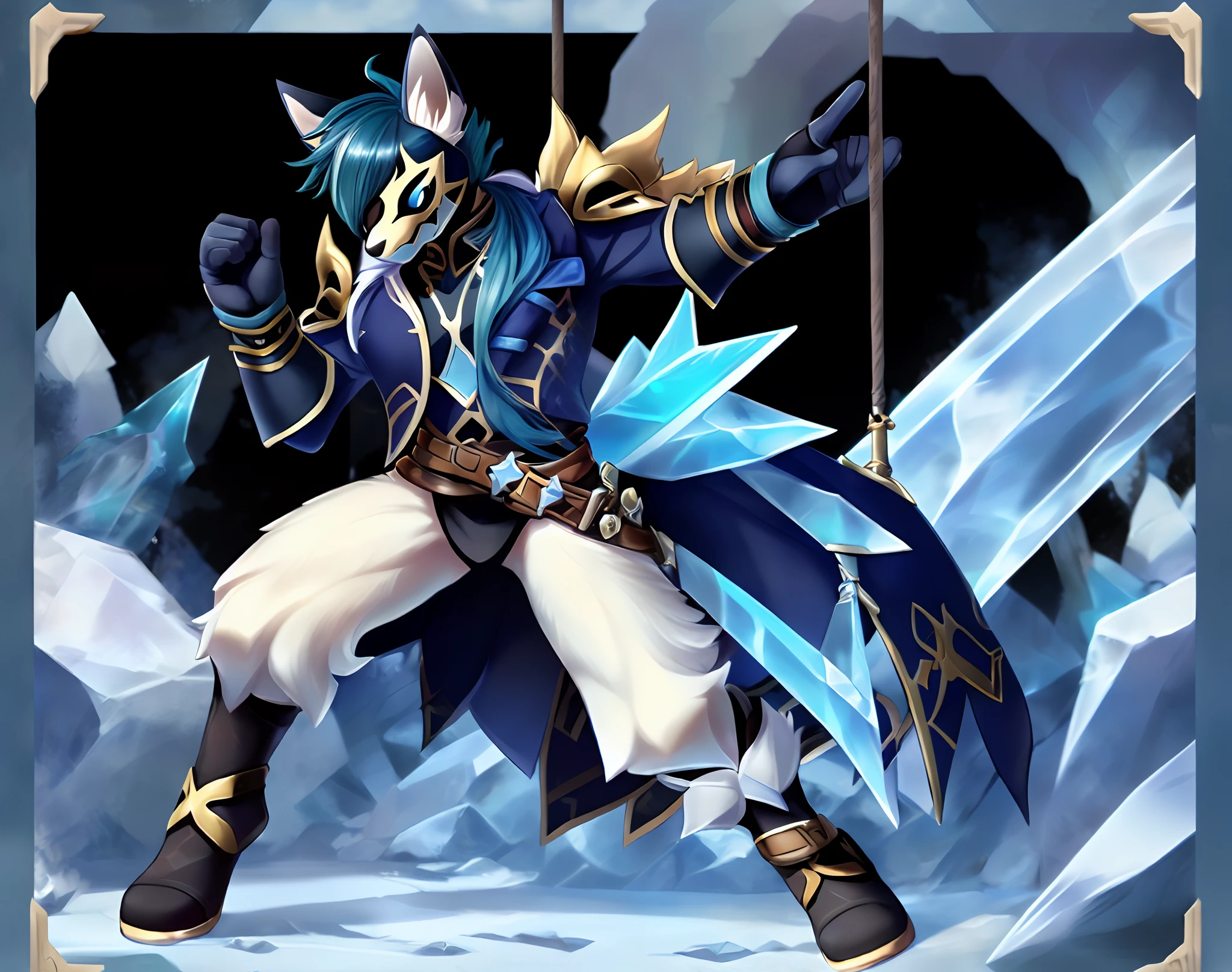 a close up of a ((Tan Skin)) ((masculine )) (sakuyamon) like digimon \(creature\))) with ((long navy-Blue hair with light blue )) , ((Done in a Low hanging Ponytail)),Big ((fluffy white tail)), Ice Crystals in Gauntlets ,((Belt , Sword)) , Dynamic pose, Mid swing , expression( Smug), ((Eye patch)),(( Kaeya From Genshin impact as a Digimon)), ((white Fox mask with blue markings))