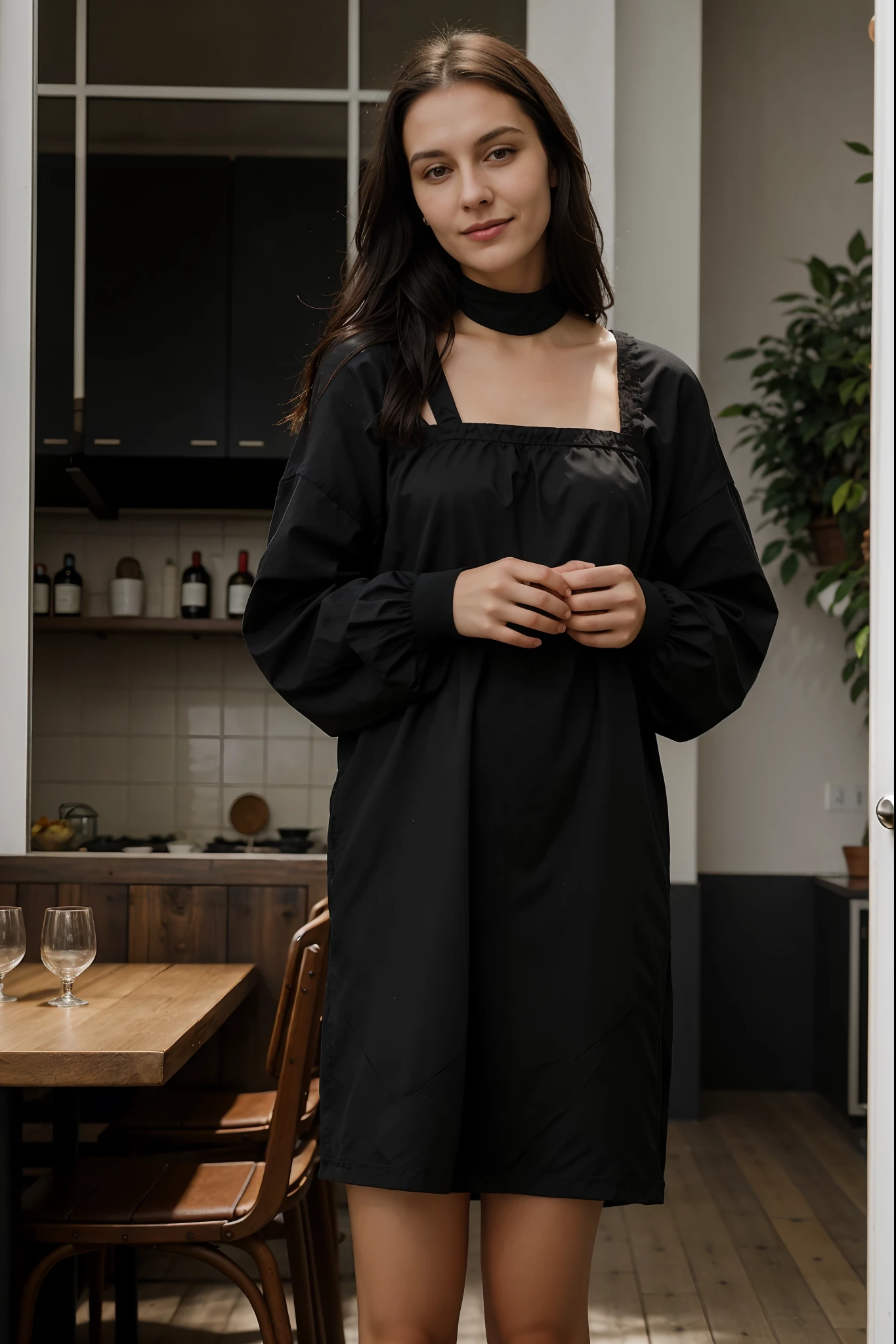 1 erwachsene Frau, langes Haar, lockiges Haar, black dyed hair, glatte Haut, braune Augen, smil, Vegetation, Gelegentlich, Clothes in the style of the businesswoman, hellbrauner Blaser, Realist, mit Hintergrund in einem schicken Restaurant, Super realistische 8k, Super detailliert und realistisch