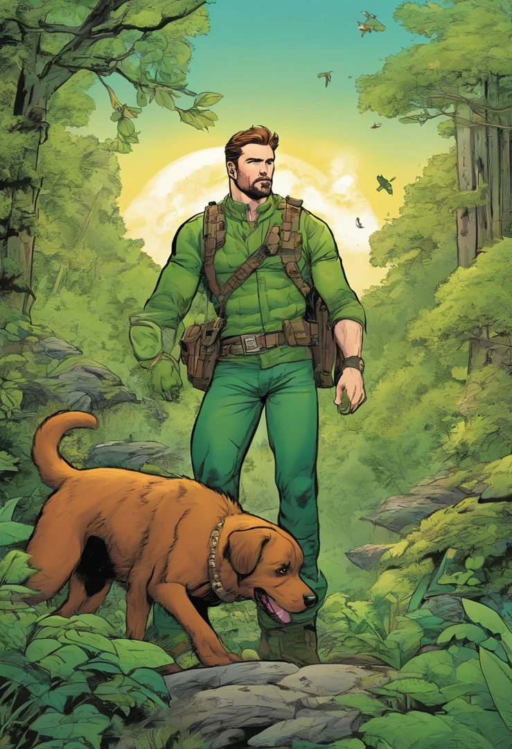 quadrinhos americanos. O Chris Evans como o lanterna verde passa por um cachorro verde na floresta. The style is exaggerated