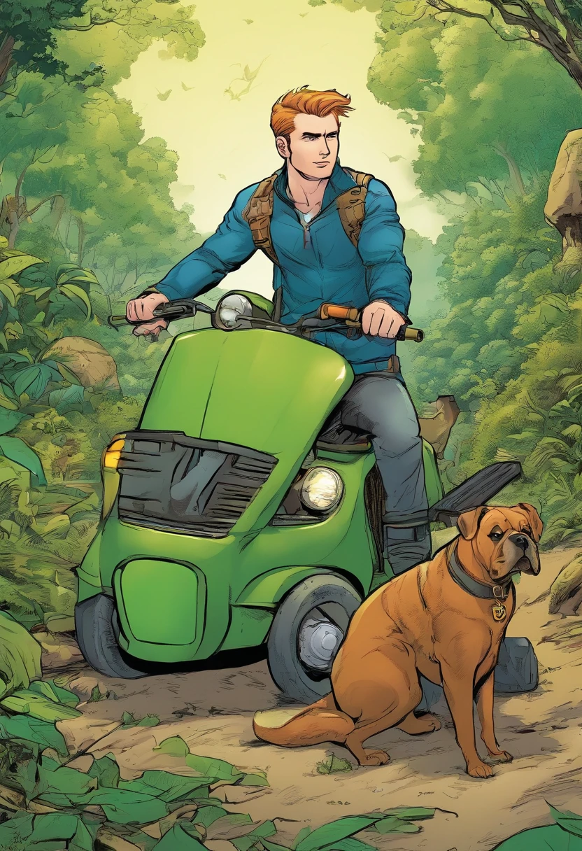 quadrinhos americanos. O Chris Evans como o lanterna verde passa por um cachorro verde na floresta. The style is exaggerated
