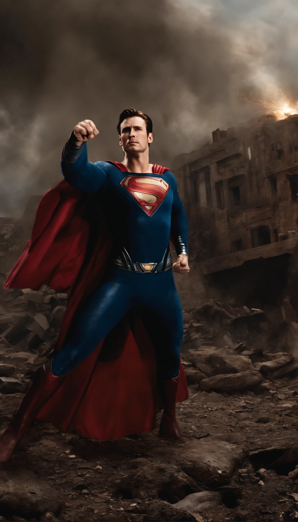 Chris Evans como Superman, scenery destroyed by the fighting