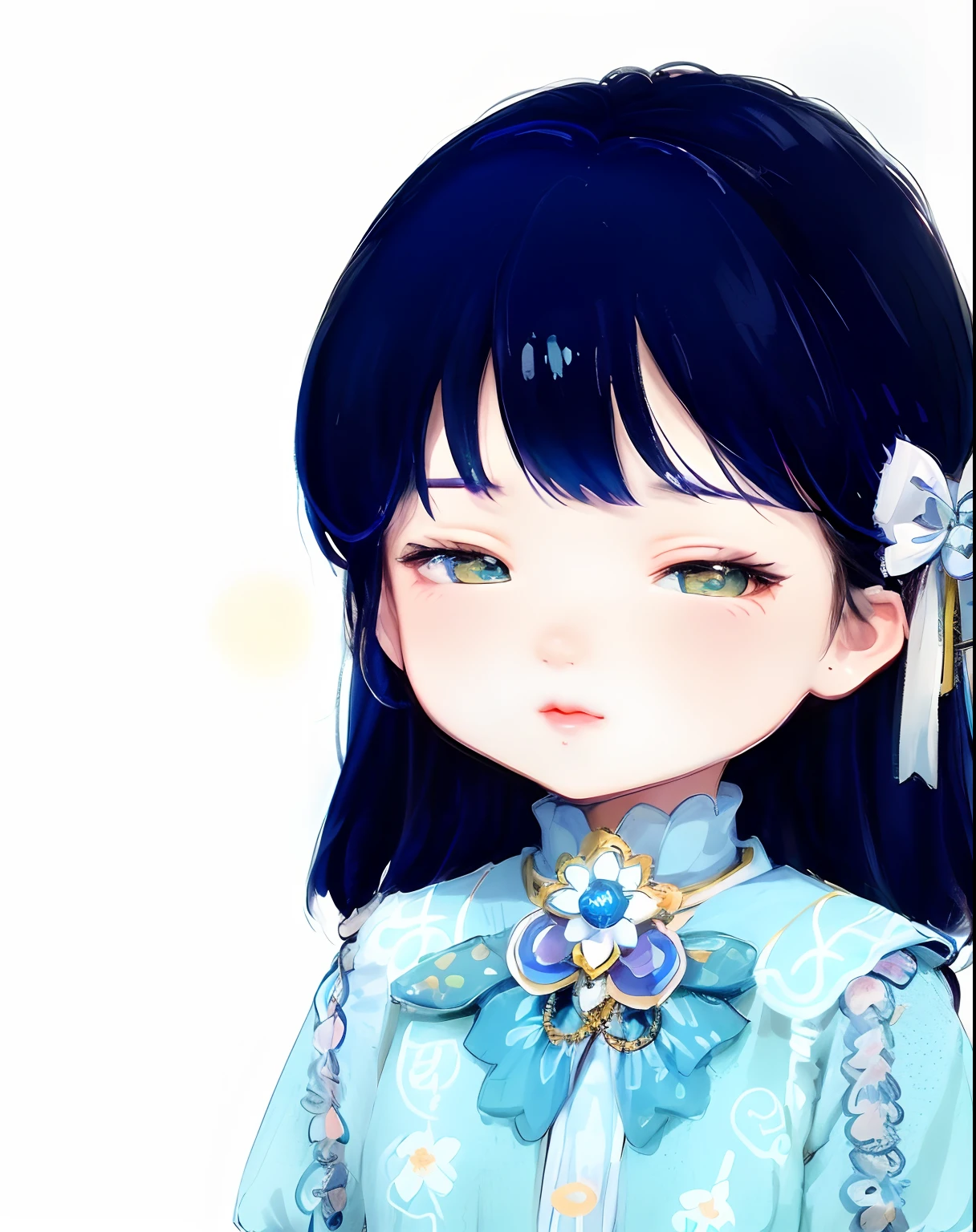 Uma jovem realista, with three-dimensional facial features, anime com cabelo preto e blusa azul com flor branca, kawaii retrato realista, Loli, tem cabelo preto com franja, No estilo de arte de Bowater, visual anime de uma menina bonnspirado em Ma Yuanyu, menina pequena Loft anime illusion, menina kawaii bonito, animartstyle, pintura super detalhe, luminescence, Bar lighting, Art Portrait Complex 4K Resolution Concept, Fractal isometric details of bioluminescence: An amazing realistic picture for 30 years