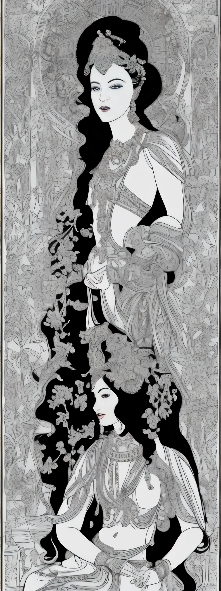 8K.ink and watercolor painting,Black ink,(One beautiful Maitreya stands),Full body like,jugendstil,In black and white,Liana plants in the background