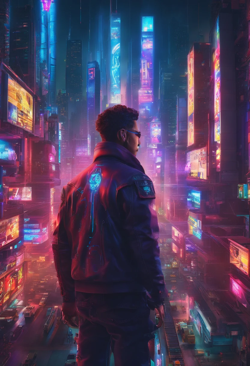 Rosto de um com cabelos loiros e grandes olhos azuis, Against the backdrop of tomorrow's world, Powered by Artificial Intelligence, em uma foto 8K muito realista