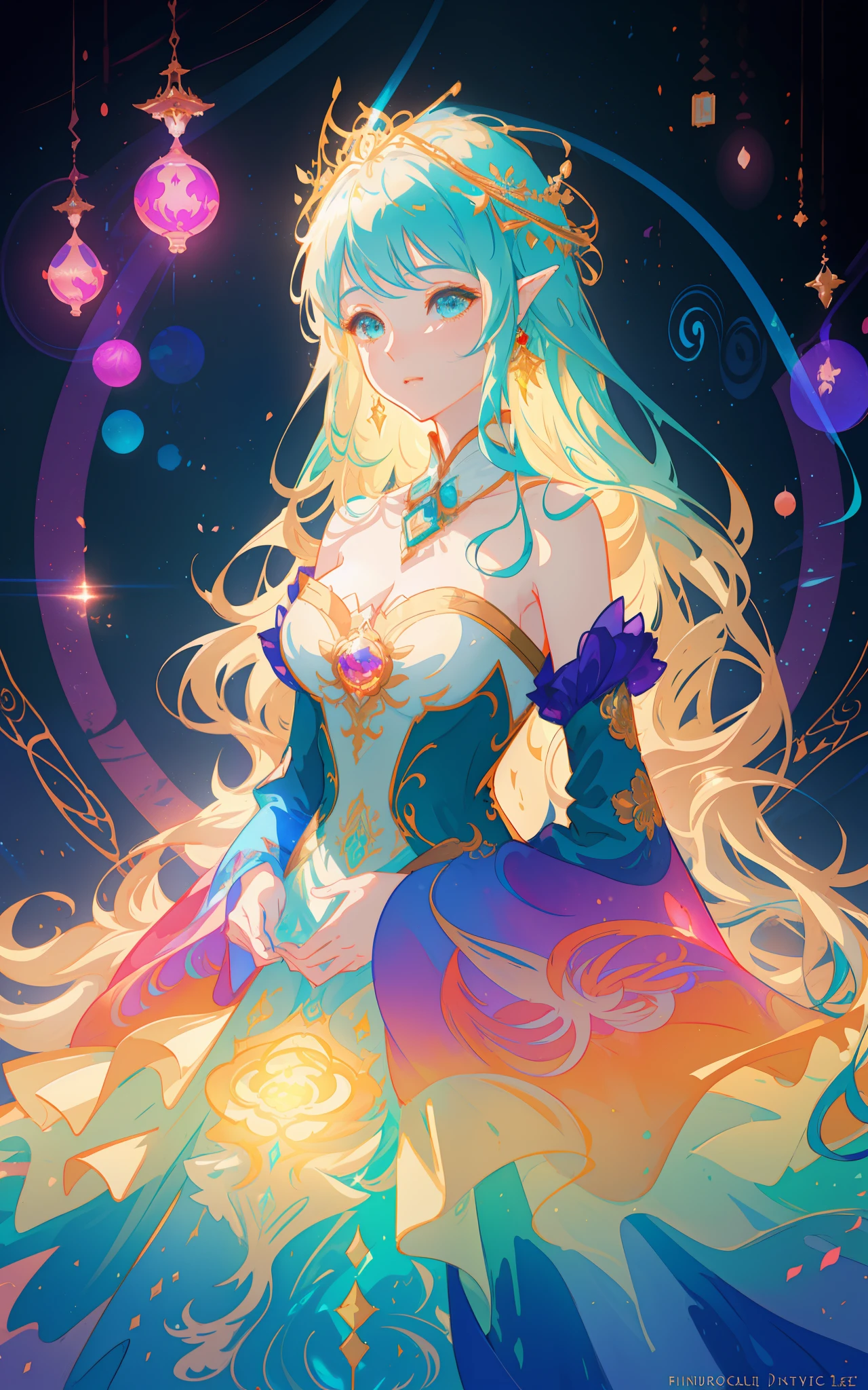 beautiful anime girl in an intricately designed layered ballgown, ((colorful)), flowing long sleeves, beautiful round face features, delicate face, young beautiful girl, flowing gown, inspired by Glen Keane, inspired by Lois van Baarle, disney art style, by Lois van Baarle, glowing aura around her, by Glen Keane, jen bartel, glowing lights! digital painting, flowing glowing hair, glowing flowing hair, beautiful digital illustration, fantasia background, whimsical, magical, fantasy, beautiful face, ((masterpiece, best quality)), intricate details, highly detailed, sharp focus, 8k resolution, sparkling detailed eyes, liquid watercolor