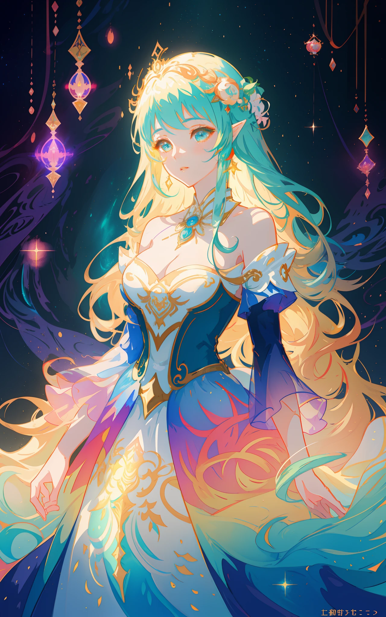 beautiful anime girl in an intricately designed layered ballgown, ((colorful)), flowing long sleeves, beautiful round face features, delicate face, young beautiful girl, flowing gown, inspired by Glen Keane, inspired by Lois van Baarle, disney art style, by Lois van Baarle, glowing aura around her, by Glen Keane, jen bartel, glowing lights! digital painting, flowing glowing hair, glowing flowing hair, beautiful digital illustration, fantasia background, whimsical, magical, fantasy, beautiful face, ((masterpiece, best quality)), intricate details, highly detailed, sharp focus, 8k resolution, sparkling detailed eyes, liquid watercolor