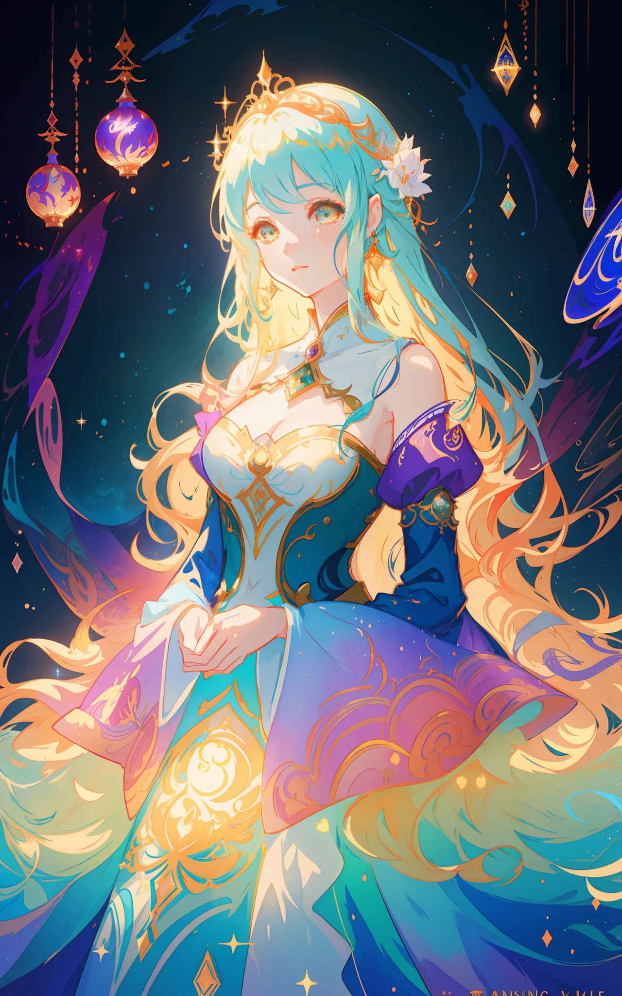 beautiful anime girl in an intricately designed layered ballgown, ((colorful)), flowing long sleeves, beautiful round face features, delicate face, young beautiful girl, flowing gown, inspired by Glen Keane, inspired by Lois van Baarle, disney art style, by Lois van Baarle, glowing aura around her, by Glen Keane, jen bartel, glowing lights! digital painting, flowing glowing hair, glowing flowing hair, beautiful digital illustration, fantasia background, whimsical, magical, fantasy, beautiful face, ((masterpiece, best quality)), intricate details, highly detailed, sharp focus, 8k resolution, sparkling detailed eyes, liquid watercolor