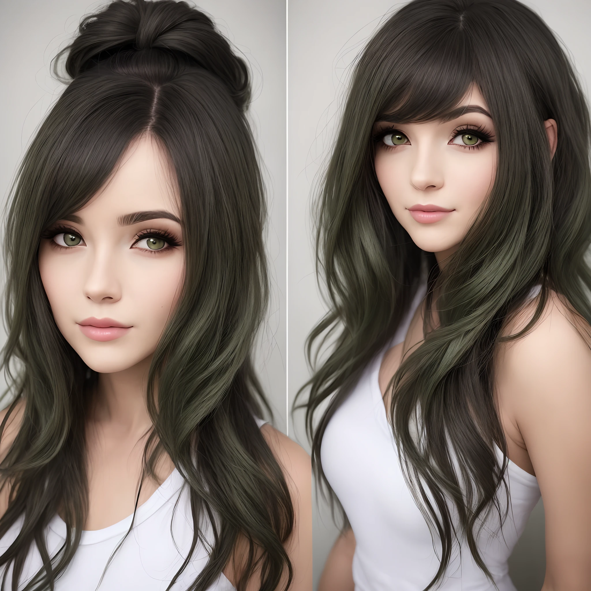 Crie uma linda e forte mulher com cabelo preto e pontas verde escuro