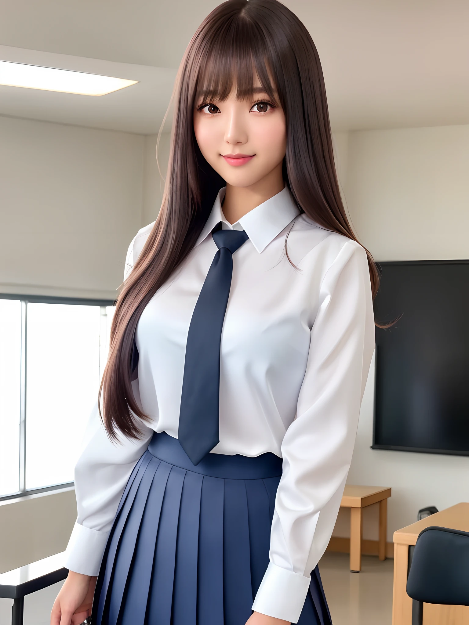 product quality, 1girl, upper body shot, front view, a Japanese young pretty woman, long bob hair, walking with a big smile in a crowded classroom, a school bag over her shoulder, glamorous figure, wearing a long sleeve white collared silky satin shirt with shiny satin dark blue plain long tie, wearing a dark blue pleated long skirt, hyper cute face, glossy lips, double eyelids in both eyes, natural makeup, long eyelashes, shiny smooth light brown long bob hair, asymmetrical bangs, a tanned skin, central image, high resolution, high detail, detailed hairstyle, detailed face, spectacular cinematic lighting, octane rendering, vibrant, hyper realistic, perfect limbs, perfect anatomy