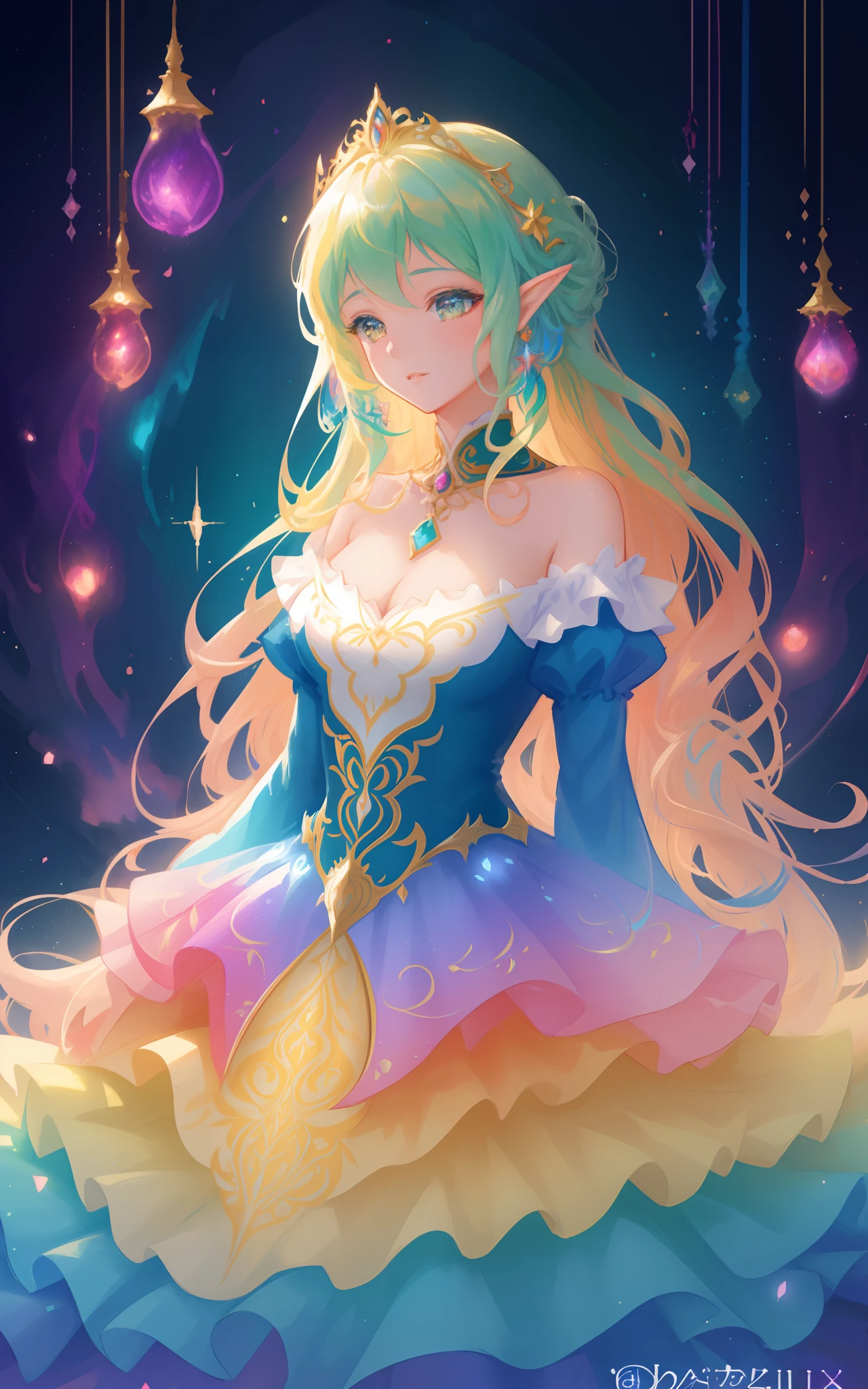 beautiful girl in an intricately designed layered rainbow ballgown, ((colorful)), flowing puffy long sleeves, young beautiful girl, flowing gown, inspired by Glen Keane, inspired by Lois van Baarle, disney art style, by Lois van Baarle, glowing aura around her, by Glen Keane, jen bartel, glowing lights! digital painting, flowing glowing hair, glowing flowing hair, beautiful digital illustration, fantasia background, whimsical, magical, fantasy, beautiful face, ((masterpiece, best quality)), intricate details, highly detailed, sharp focus, 8k resolution, sparkling detailed eyes, liquid watercolor