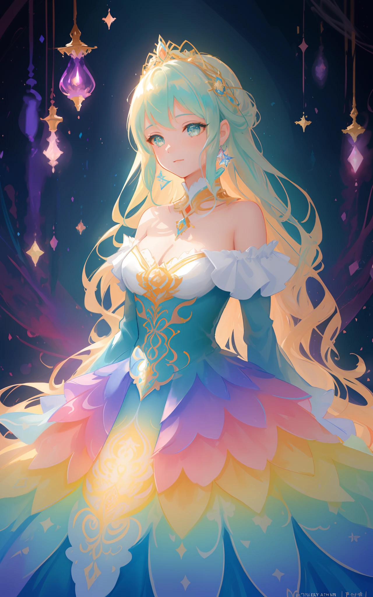 beautiful girl in an intricately designed layered rainbow ballgown, ((colorful)), flowing puffy long sleeves, young beautiful girl, flowing gown, inspired by Glen Keane, inspired by Lois van Baarle, disney art style, by Lois van Baarle, glowing aura around her, by Glen Keane, jen bartel, glowing lights! digital painting, flowing glowing hair, glowing flowing hair, beautiful digital illustration, fantasia background, whimsical, magical, fantasy, beautiful face, ((masterpiece, best quality)), intricate details, highly detailed, sharp focus, 8k resolution, sparkling detailed eyes, liquid watercolor