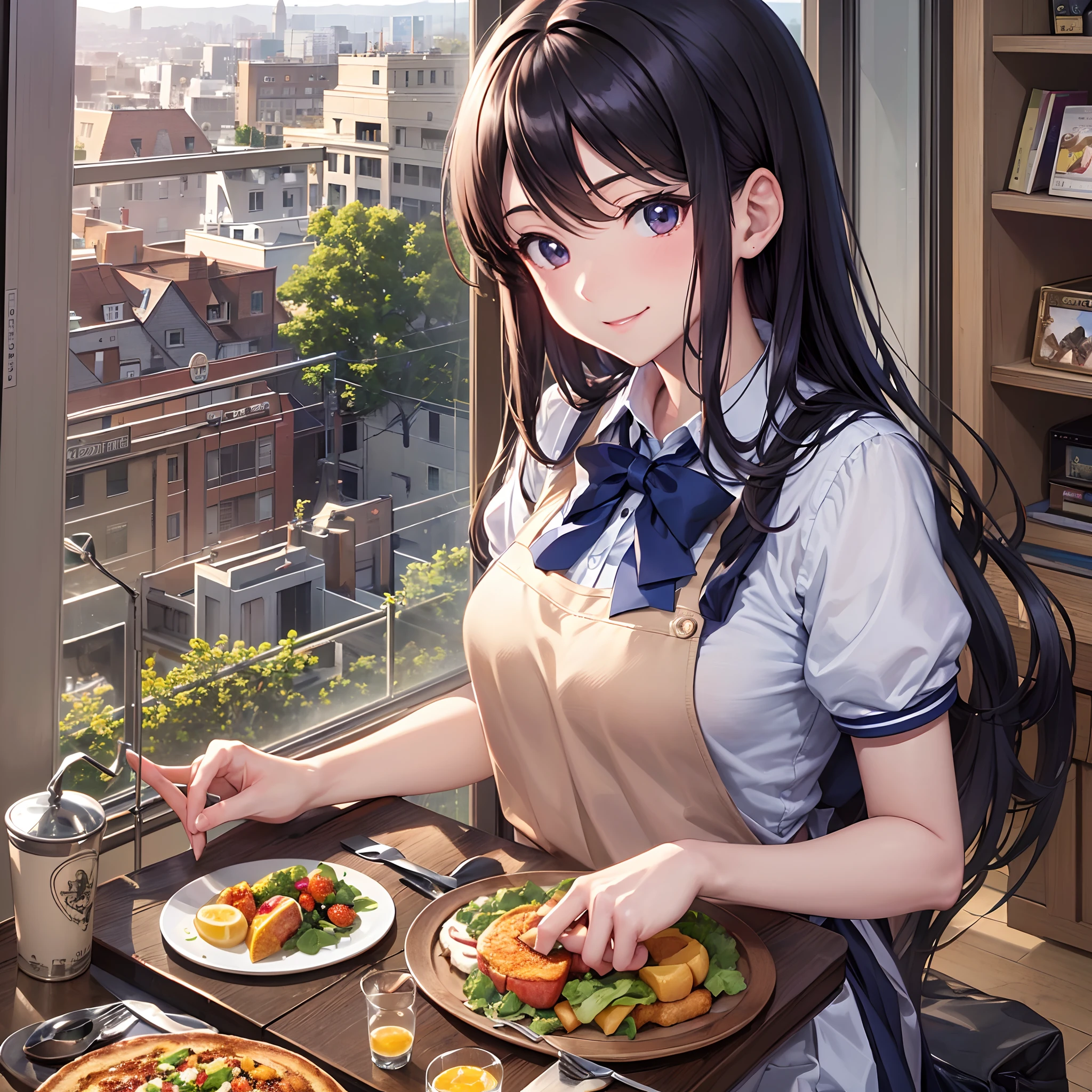 ((Finest quality)),(超A high resolution),(ultra-detailliert),((Best Anime)),sharpnes,Clair,Art with astounding depictions, (hi-school girl:1.3),Wearing an apron over a school uniform,a smile, Preparing breakfast