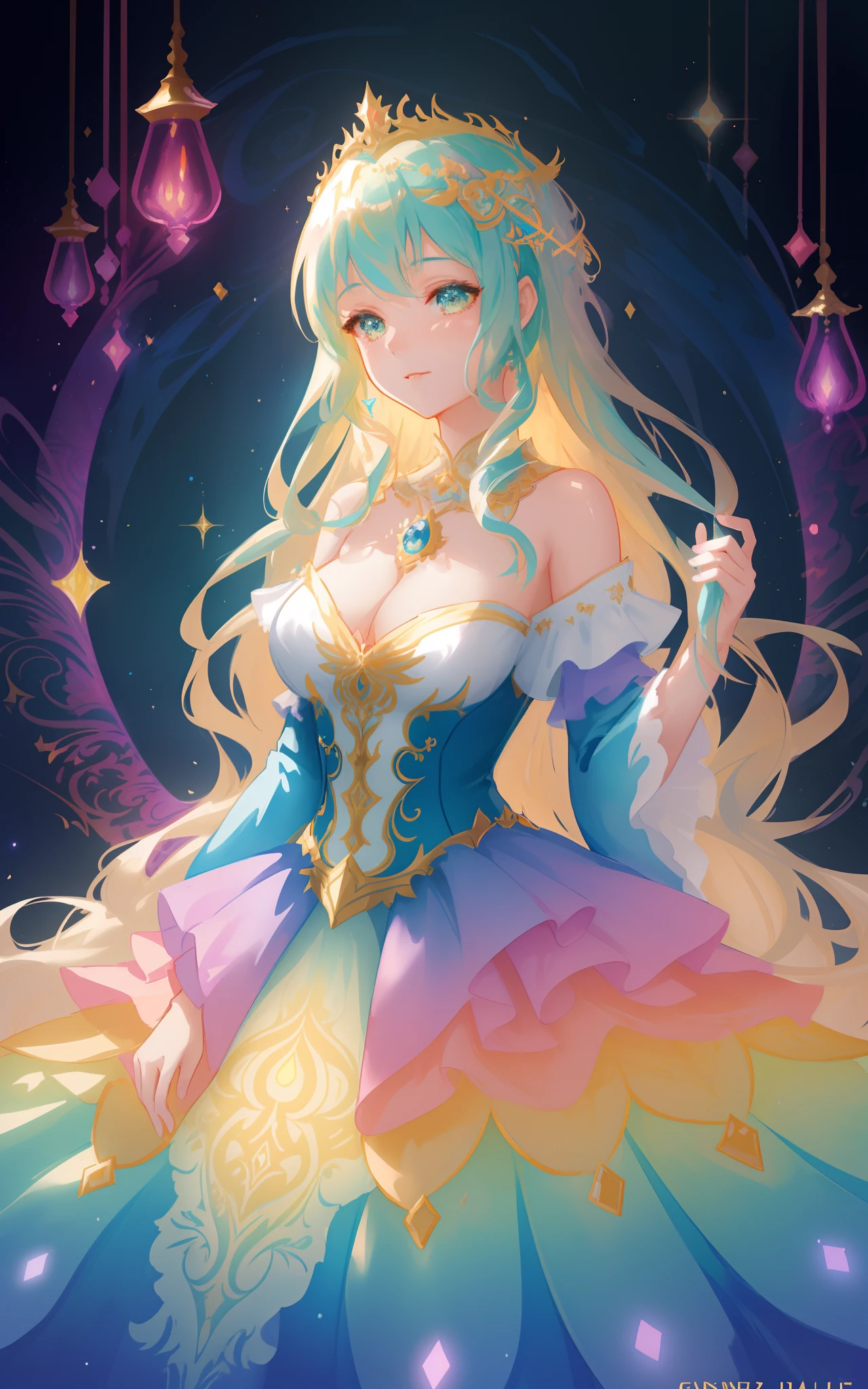 beautiful girl in an intricately designed layered rainbow ballgown, ((colorful)), flowing puffy long sleeves, young beautiful girl, flowing gown, inspired by Glen Keane, inspired by Lois van Baarle, disney art style, by Lois van Baarle, glowing aura around her, by Glen Keane, jen bartel, glowing lights! digital painting, flowing glowing hair, glowing flowing hair, beautiful digital illustration, fantasia background, whimsical, magical, fantasy, beautiful face, ((masterpiece, best quality)), intricate details, highly detailed, sharp focus, 8k resolution, sparkling detailed eyes, liquid watercolor