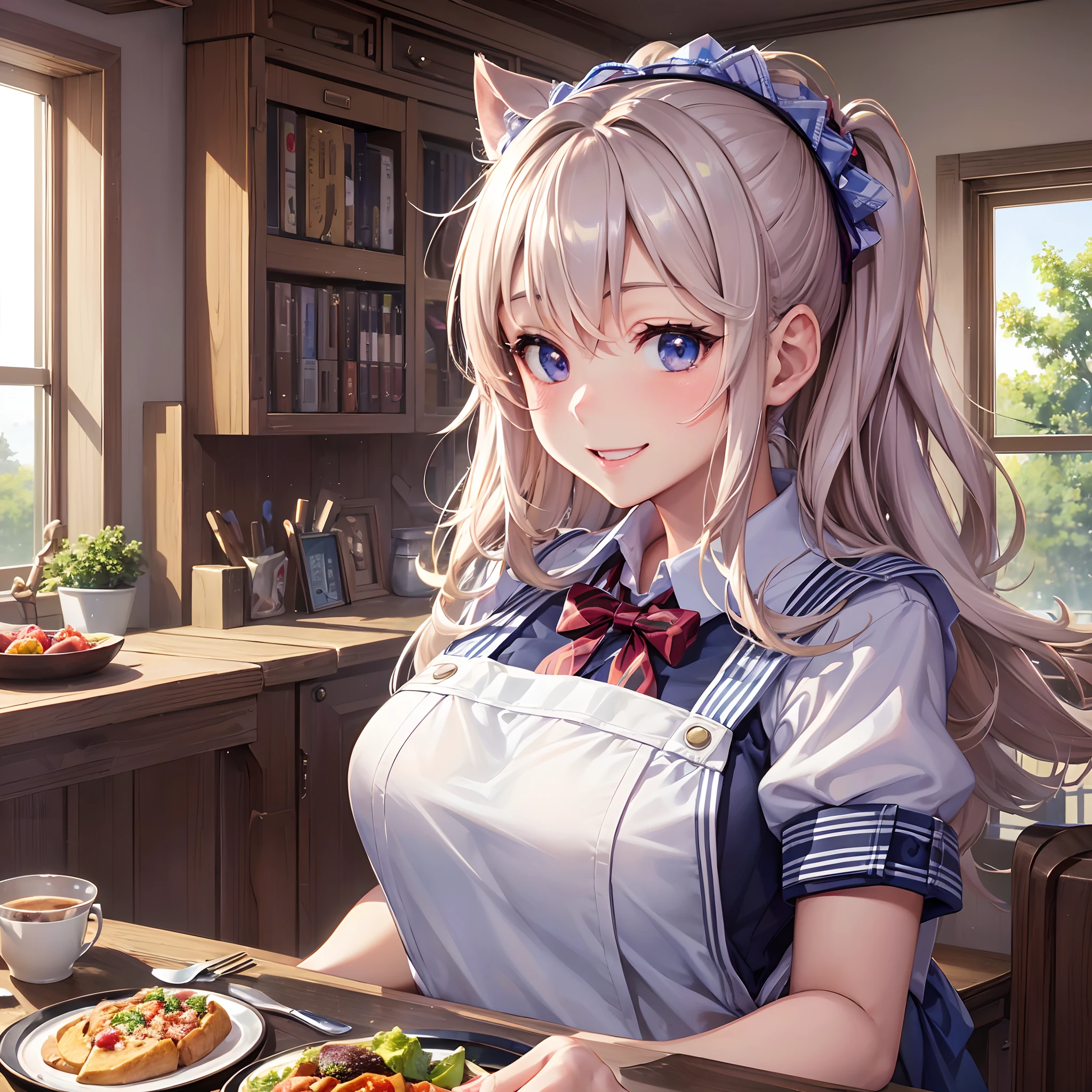 ((Finest quality)),(超A high resolution),(ultra-detailliert),((Best Anime)),sharpnes,Clair,Art with astounding depictions, (hi-school girl:1.3),Wearing an apron over a school uniform,a smile, Preparing breakfast