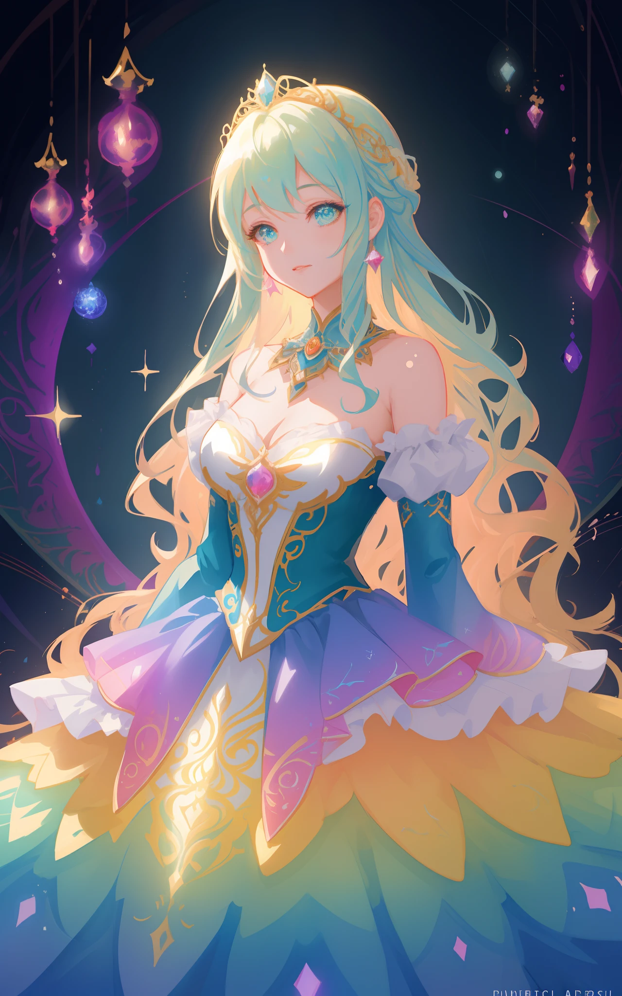 beautiful girl in an intricately designed layered rainbow ballgown, ((colorful)), flowing puffy long sleeves, young beautiful girl, flowing gown, inspired by Glen Keane, inspired by Lois van Baarle, disney art style, by Lois van Baarle, glowing aura around her, by Glen Keane, jen bartel, glowing lights! digital painting, flowing glowing hair, glowing flowing hair, beautiful digital illustration, fantasia background, whimsical, magical, fantasy, beautiful face, ((masterpiece, best quality)), intricate details, highly detailed, sharp focus, 8k resolution, sparkling detailed eyes, liquid watercolor
