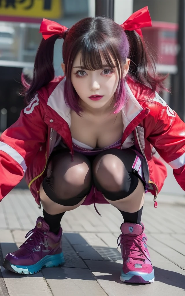 infp young woman、Good Style、Colorful hair、Punk fashion based on red、Idol face、large full breasts、、Shiny Red Tops、Colorful shorts、Colorful purple tights、