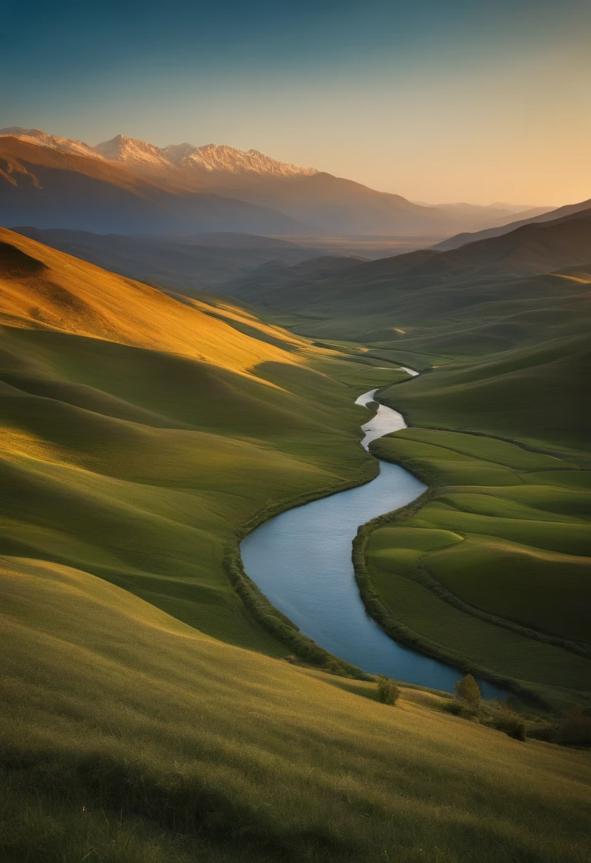 Aalfid view of the valley，A river runs through it, a matte painting by Alexander Runciman, shutter inventory, Process art, film Silk Road landscape, Stunning landscape, breathtaking landscape, Majestic nature, Mongolia, Landscape scenery, amazing landscape in background, Detailed scenery —width 672, grass mountain landscape, natural landscape beauty, beautifully lit landscape