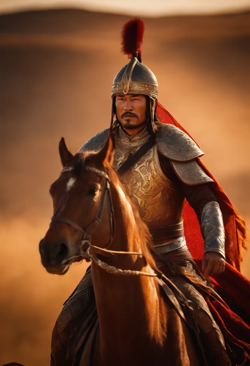 (best quality,4k,8k,highres,masterpiece:1.2),ultra-detailed,realistic,physically-based rendering,Genghis Khan,full body,mongol,conqueror,evocative gaze,powerful presence,majestic atmosphere,strong posture,intense facial expression,determined eyes,fierce warrior,dressed in Mongolian armor,elaborately engraved armor,ornate headdress,magnificent horse,thick fur cloak,wind-swept grassland,breathtaking sunset,wide horizon,dusty battlefield,dramatic lighting,epic battle scene,ominous clouds,golden sunlight,rich color palette,vibrant red and earthy tones,dynamic brushstrokes,painterly style,detailed facial features,glistening eyes,weathered skin,muscular physique,confident aura,commanding aura.