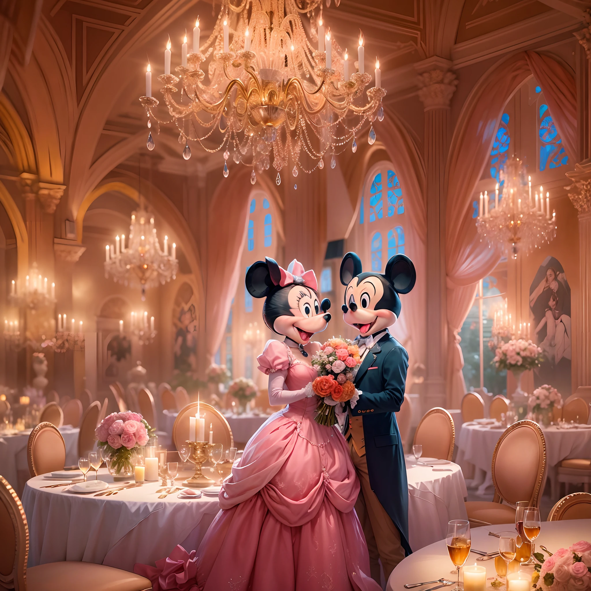 Por favor, Create an enchanting scene with Mickey Mouse and Minnie Mouse at a lavish dinner party inside an epic palace. The room is illuminated by a pink crystal chandelier providing an elegant and romantic atmosphere at dusk, The scene is depicted in an art style reminiscent of a fairy tale, with additional elements that include live music in the background. Mickey Mouse lovingly hands Minnie Mouse a beautiful bouquet of red roses and makes a special marriage proposal. Capturing the emotion and love in that moment is essential. The scene should reflect the couple's joy and affection in this memorable moment."
