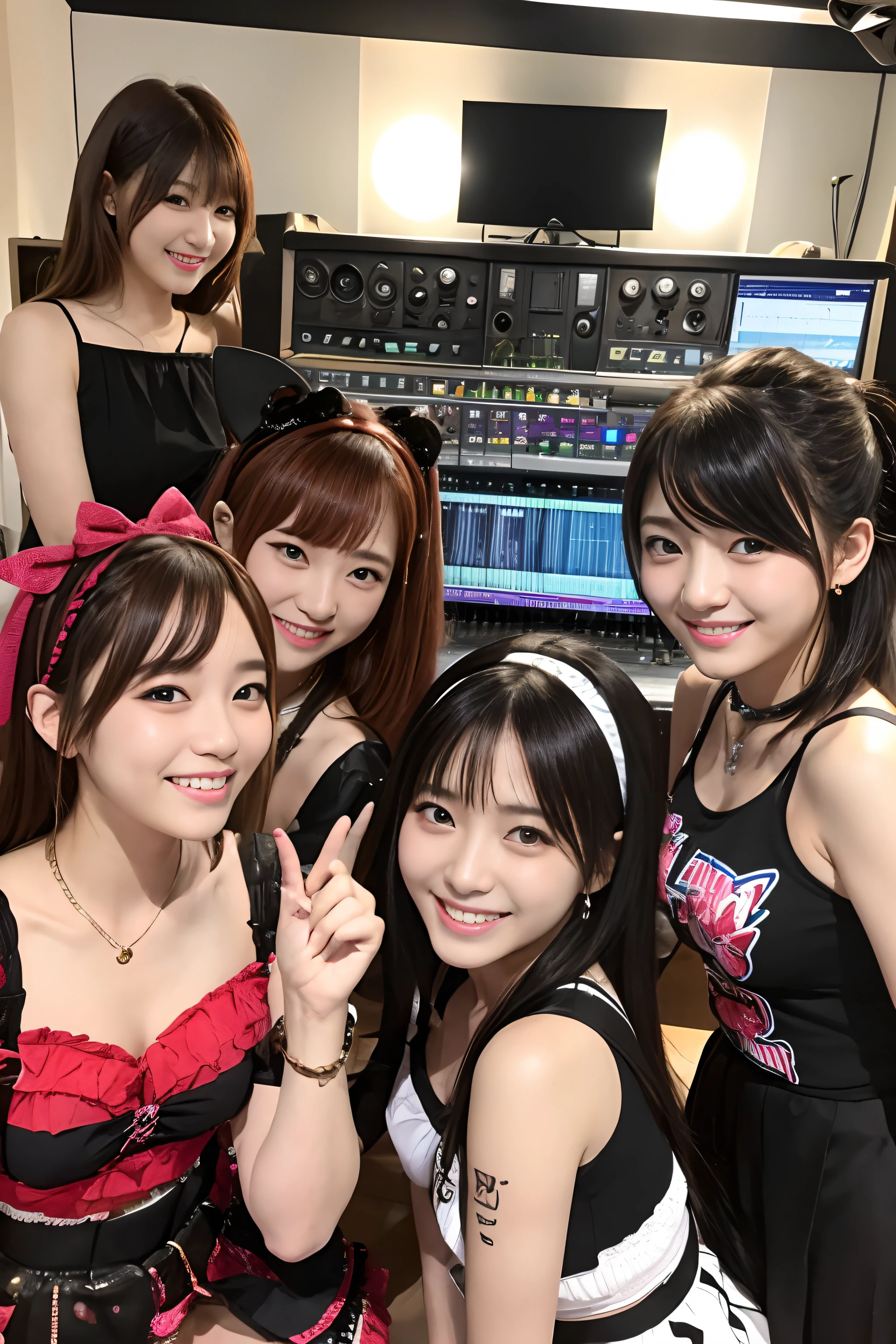 Four women、Cute smile、韓国アイドル、Punk style costumes、Recording a song program in the studio、