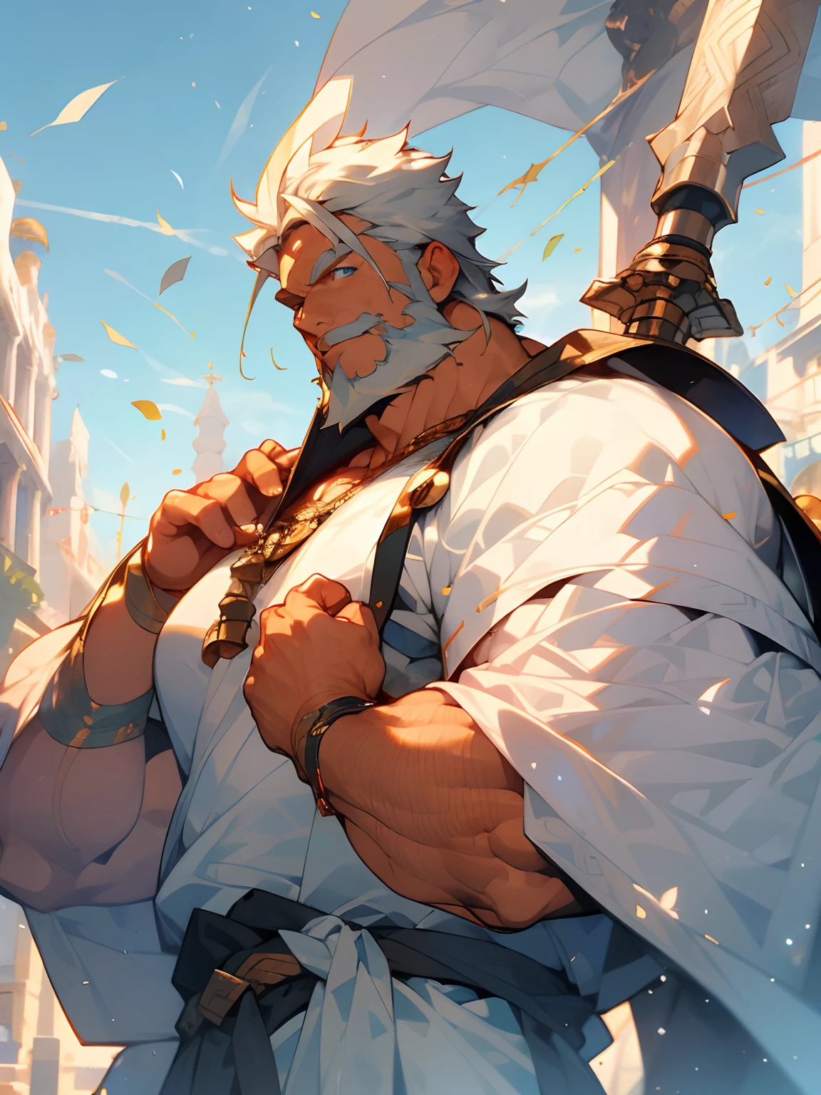 Extremely detailed、Detailed face、Detailed eyes、Detailed hand、view full body、Deities、muscular body、Fat(Fat、Fat), white hair and long beard、blue eyess、aureola、greek clothes、Good eyes、Background with(sacred place)、Spear in one hand