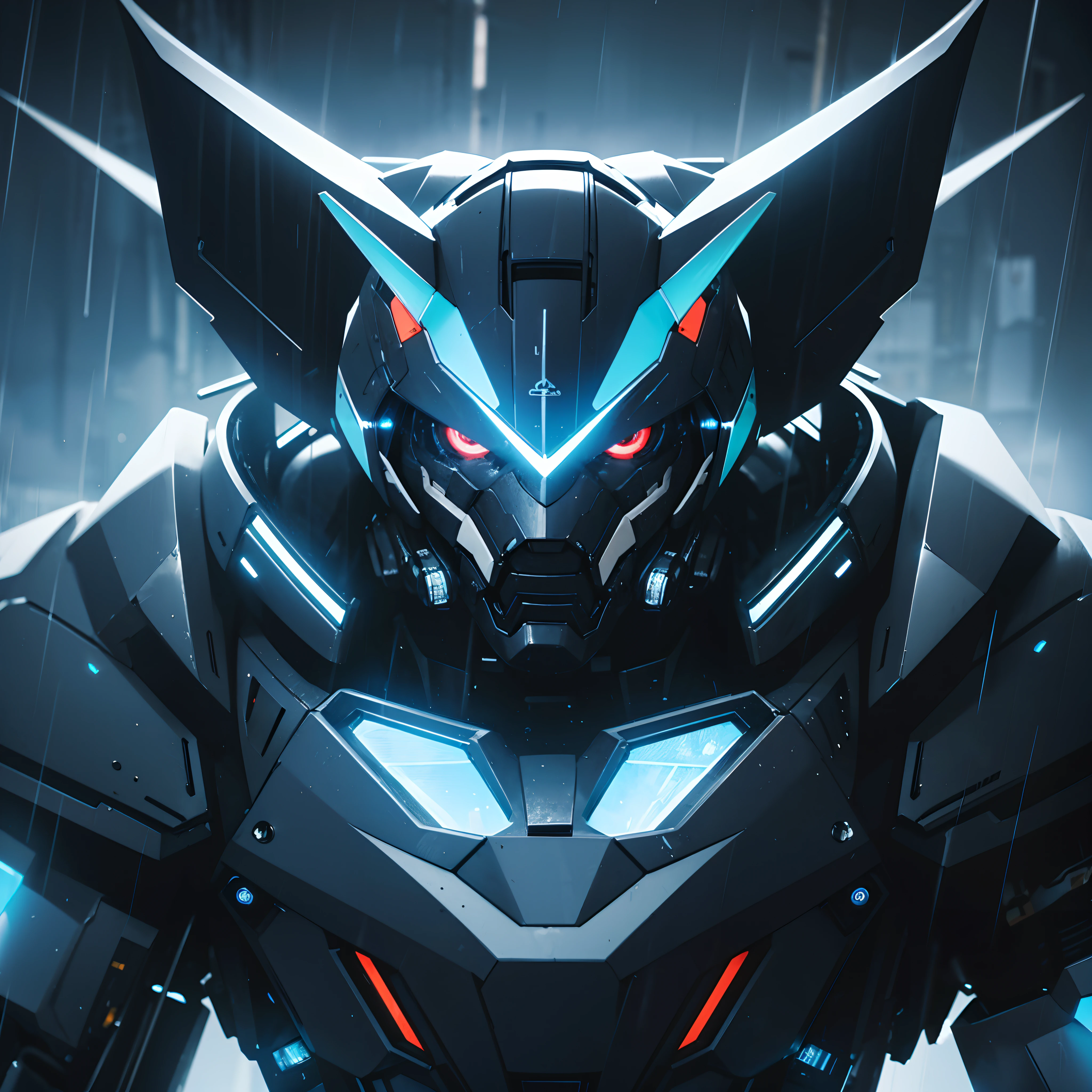 Black Dog cyborg face squat in top of sky building, rain, thunder, blue light eyes, mecha, (mecha dog cyborg:1.2)