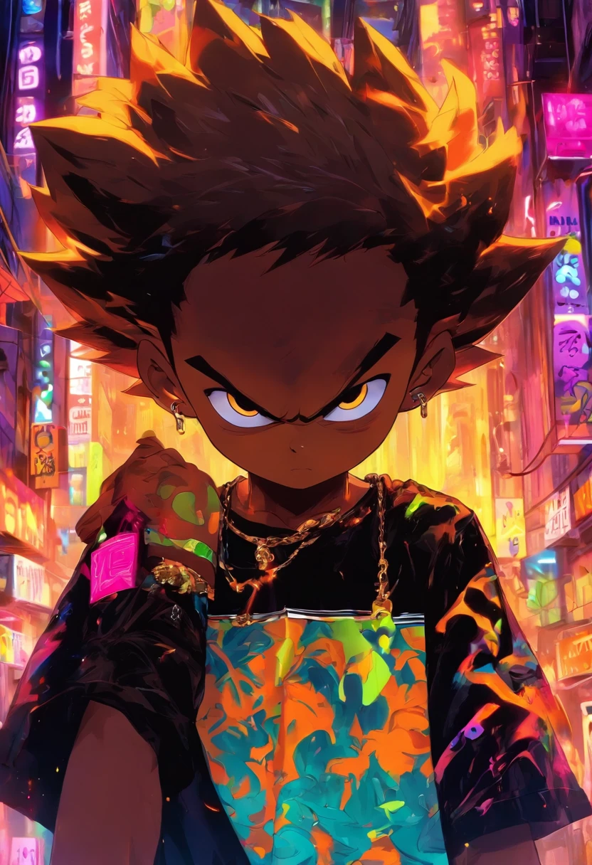 Batboy, Caramelo pele marrom Menino mouro, Penteado careca, streetwear, Corpo Full Slime, cores neon, risos loucos, Malvado, Hair::-10, brasil ,cenario favela brasileira