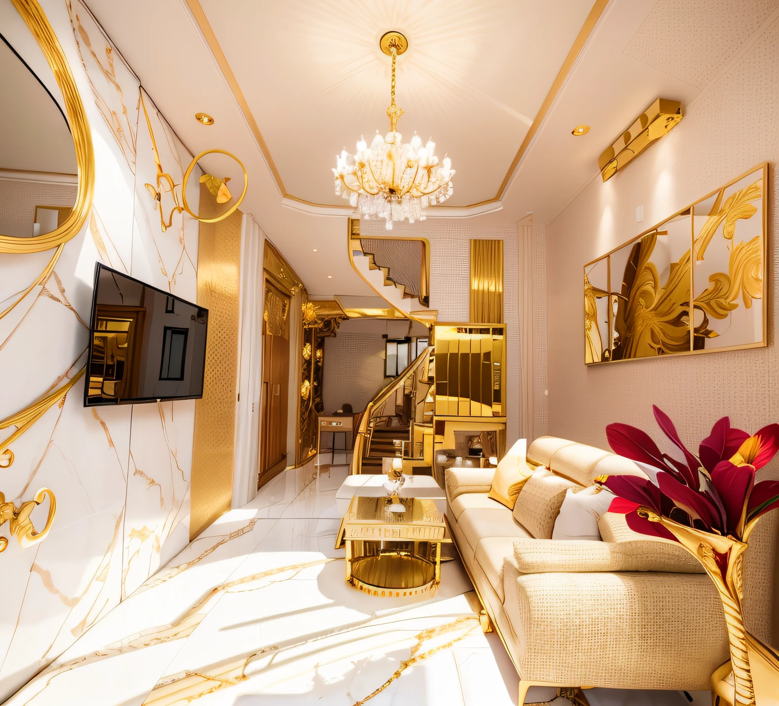 there is a living room with a couch, coffee table, and a chandelier, fancy apartment, lavishly decorated, luxurious environment, well - decorated, home interior, interior living room, living room, captivating and enticing, elegant and extremely ornamental, beautiful aesthetic design, taken in 2 0 2 0, extremely luminous bright design, with backdrop of natural light