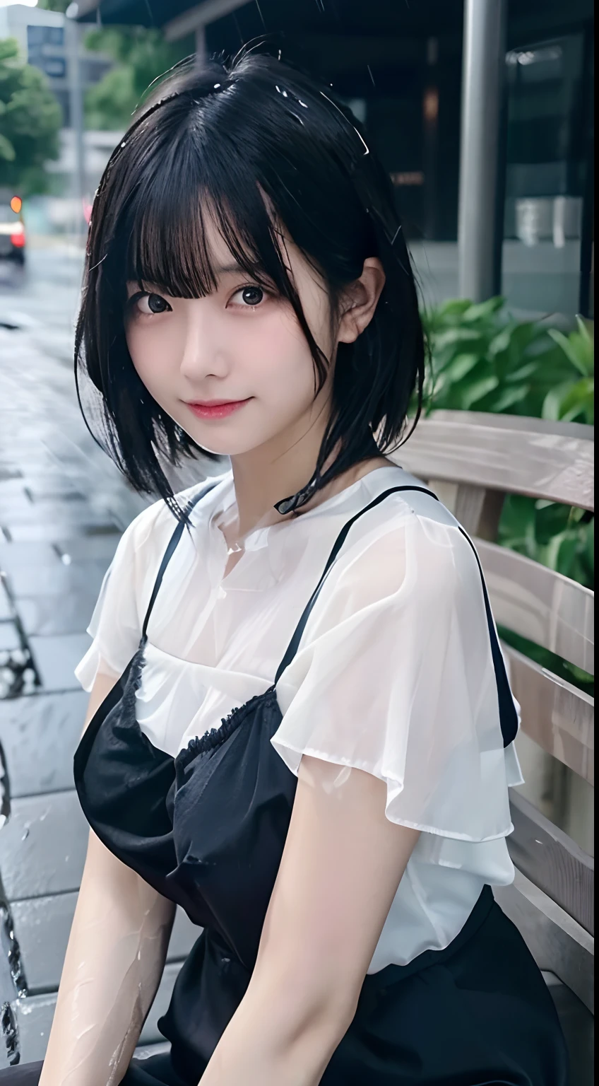 (top-quality,8K,masterpiece:1.3,),(超A high resolution,Photorealsitic:1.4,RAW Photography),(ultra-detailliert,shinny skin,Delicate skin),(Faces depicted in detail,perfect anatomy,Caustics),bus stop,sit on a bench,One girl soaking wet all over her body,24 year old,kawaii,Japanese ido,Wet black hair,Water dripping from hair,Short Bob,embarrassed look,stares at the camera,large boob,Wet and sheer white blouse,Clear blue bra visible through clothes,Black miniskirt,rain is falling,Rain sky,Dynamic lighting,composition from the waist up