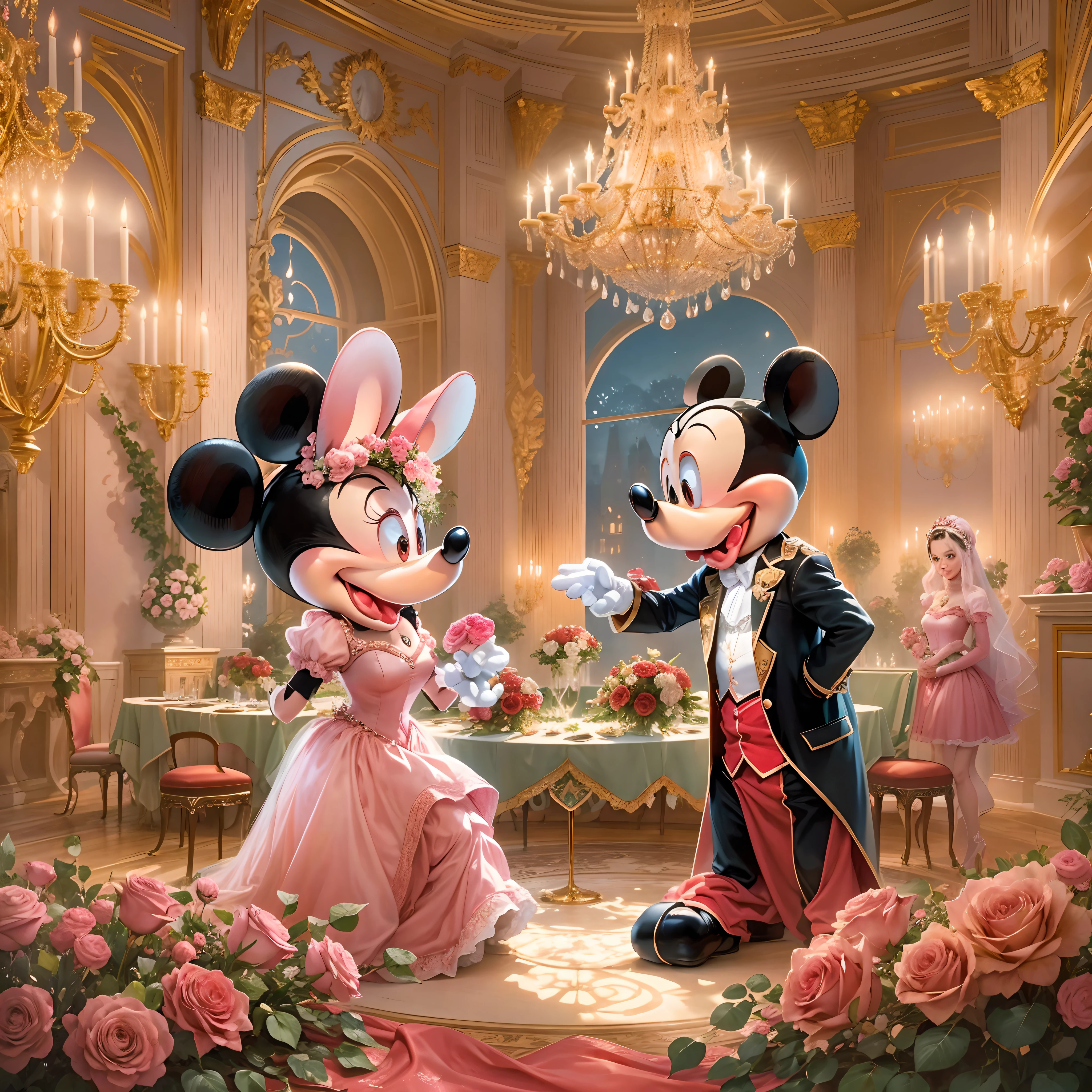 Por favor, Create an enchanting scene with Mickey Mouse and Minnie Mouse at a lavish dinner party inside an epic palace. The room is illuminated by a pink crystal chandelier providing an elegant and romantic atmosphere at dusk, The scene is depicted in an art style reminiscent of a fairy tale, with additional elements that include live music in the background. Mickey Mouse lovingly hands Minnie Mouse a beautiful bouquet of red roses and makes a special marriage proposal. Capturing the emotion and love in that moment is essential. The scene should reflect the couple's joy and affection in this memorable moment."