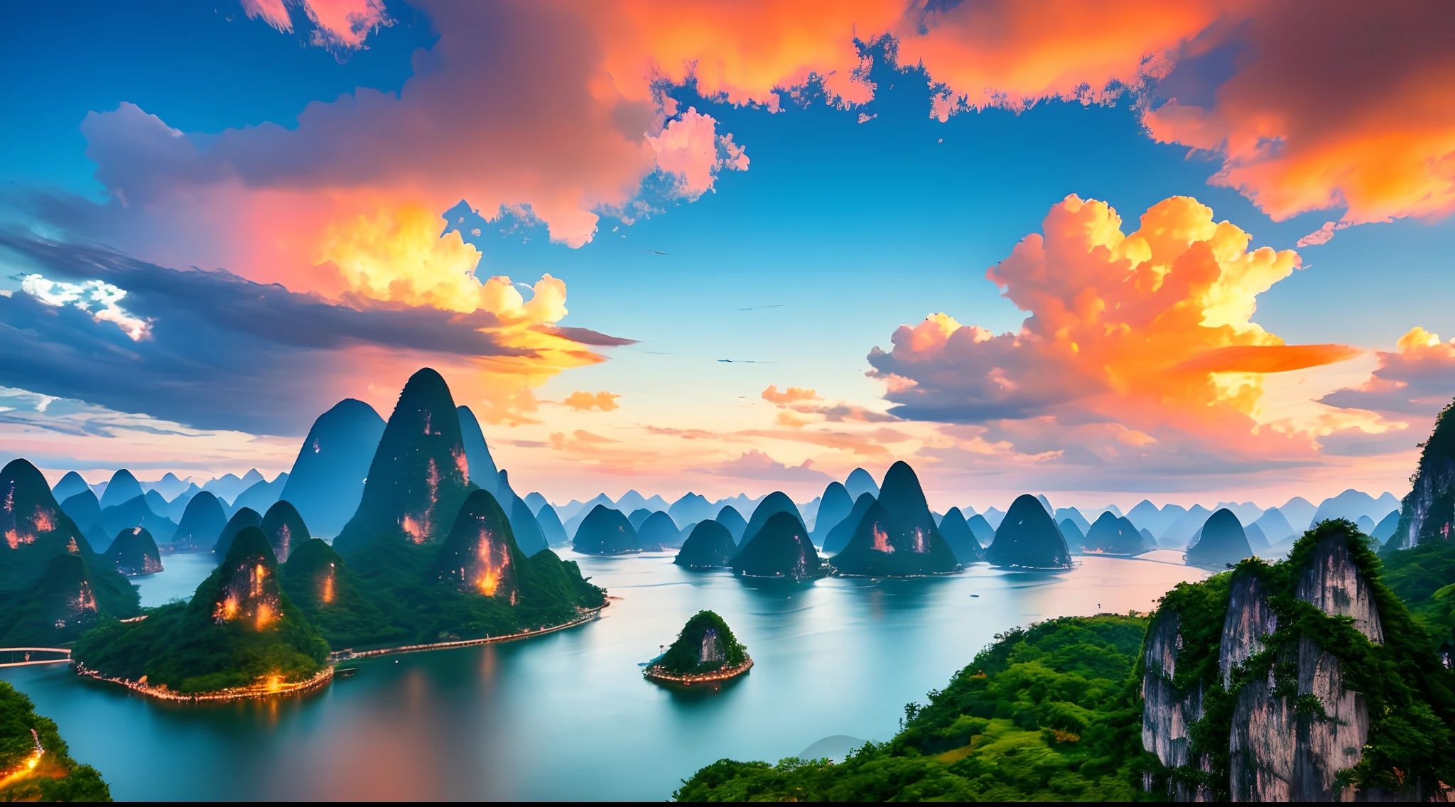 Guilin, landscape, blue sky, burning clouds, ultra-clear, 8K, depth of field, real scene, clear layers, three-dimensional,