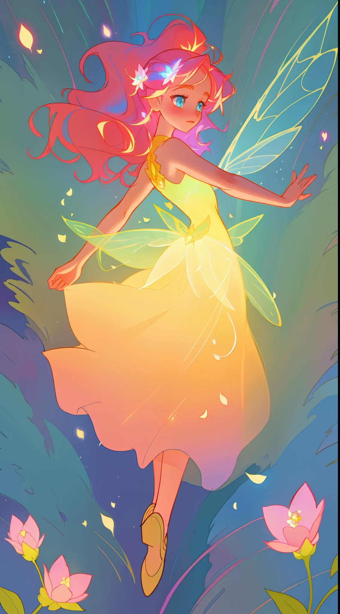 beautiful fairy girl in tiered layered dress, fairy dress made of flower petals, gradient layered tutu skirt, magical flowers, fairy queen, magical forest background, (glowing fairy wings), long wavy hair, sparkling fairy wings, watercolor illustration, flowers and colorful plants, inspired by Glen Keane, inspired by Lois van Baarle, disney art style, by Lois van Baarle, glowing aura around her, by Glen Keane, jen bartel, glowing lights! digital painting, flowing glowing hair, glowing flowing hair, beautiful digital illustration, fantasia otherworldly landscape plants flowers, beautiful, masterpiece, best quality, anime disney style