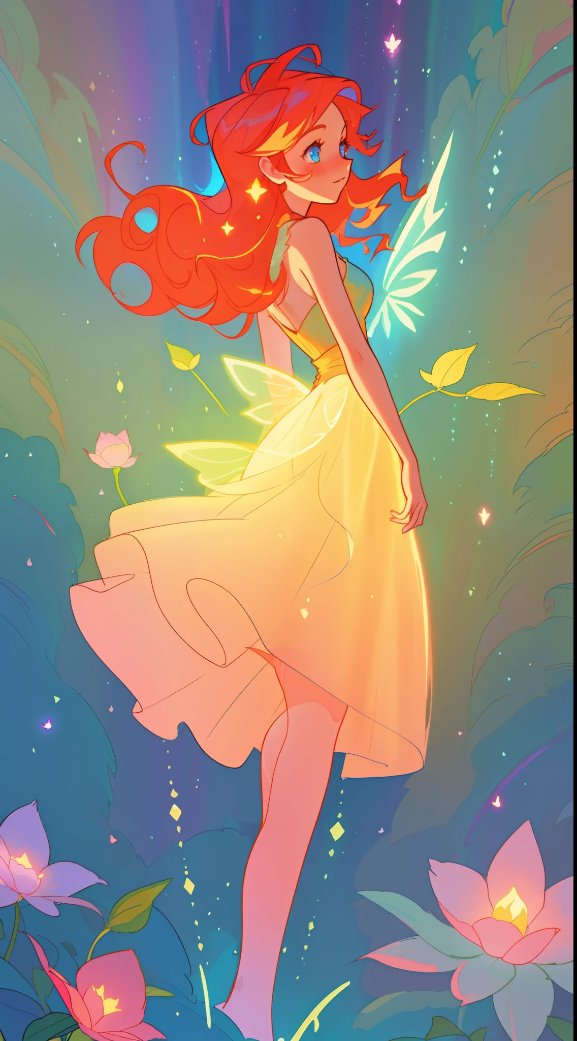 beautiful girl in flowing tiered layered ballgown dress, fairy dress, fairy queen, magical forest background, (glowing fairy wings), glowing flowing ballgown, long wavy hair, sparkling fairy wings, watercolor illustration, flowers and colorful plants, inspired by Glen Keane, inspired by Lois van Baarle, disney art style, by Lois van Baarle, glowing aura around her, by Glen Keane, jen bartel, glowing lights! digital painting, flowing glowing hair, glowing flowing hair, beautiful digital illustration, fantasia otherworldly landscape plants flowers, beautiful, masterpiece, best quality, anime disney style