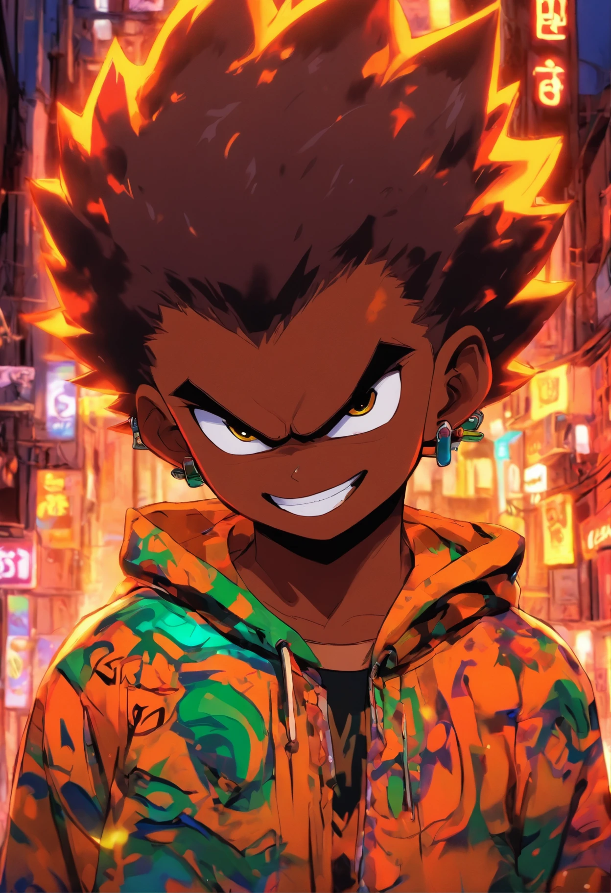  Batboy, Caramelo pele marrom Menino mouro, Penteado careca, streetwear, Corpo Full Slime, cores neon, risos loucos, Malvado, Hair::-10, brasil ,cenario favela brasileira