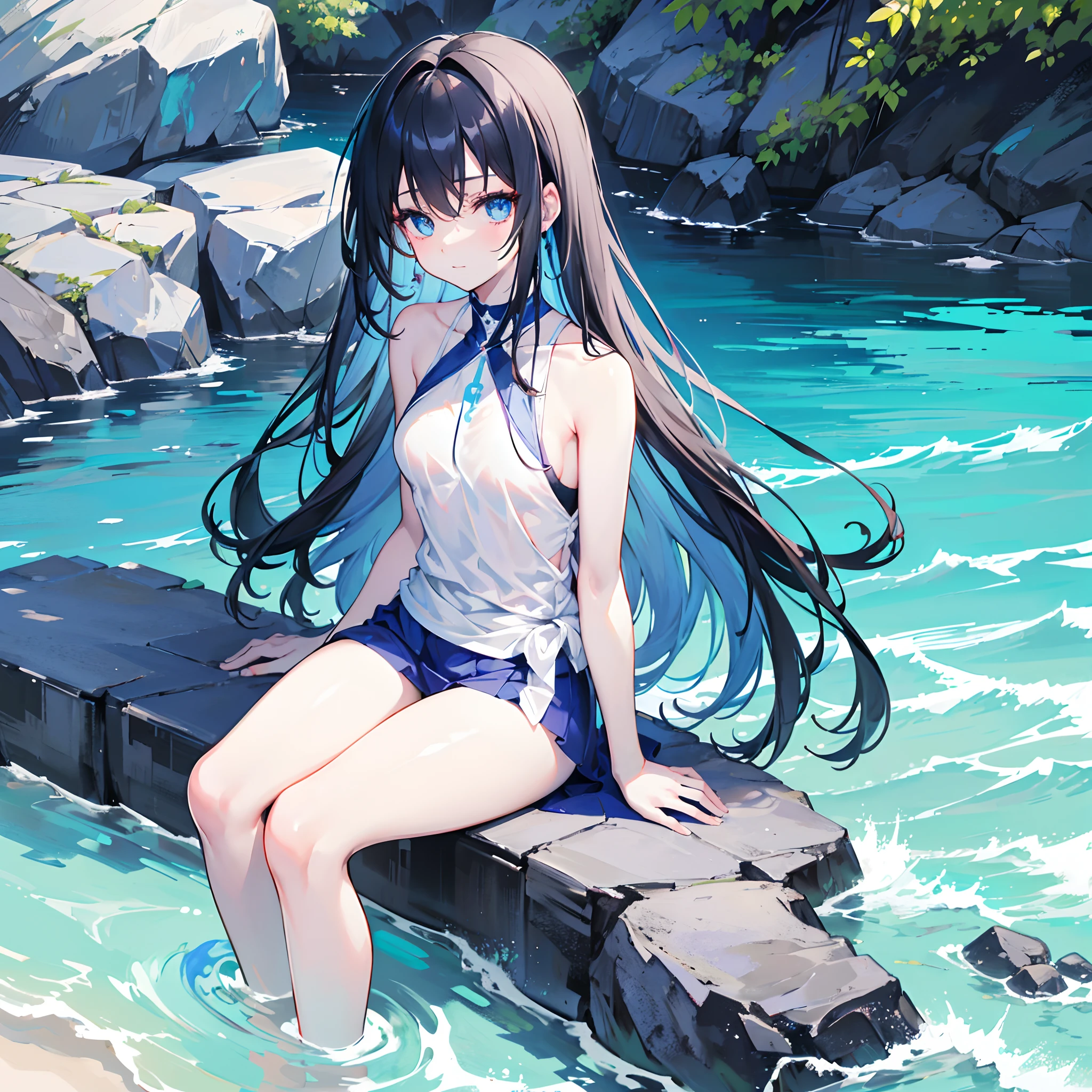 A far view of an Anime adult girl, White and blue ((tight beach outfit)), blue hand and thigh accessories, long-ish black hair, blue eyes, nose, slightly smiling, pale skin, neck, shoulders, small chest, arms, (((wearing pure white silk tank top))), regular waist, legs, medium thigh, bare round feet, medium breasts, cute, blue stripes outfit, at a beach next to water, ((sitting calmly on a flowing river)), cinematic light, high resolution, highest quality, ultra detailed, detailed face, (detailed eyes), best quality, hyper detailed, masterpiece, (detailed face), clean face