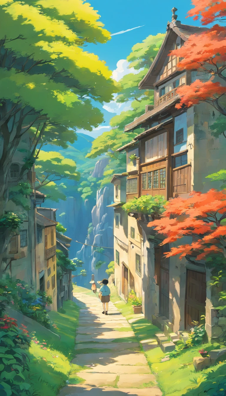 A landscape of a peaceful world, flores silvestres, brazi, The sun shines in the blue sky, algumas casas e campos de cultivo ao fundo, In the distance, a young man with short dark brown hair and light clothes looks at the landscape accompanied by his black cat, obra-prima, alta qualidade, no estilo de paisagens de jardim tranquilo.