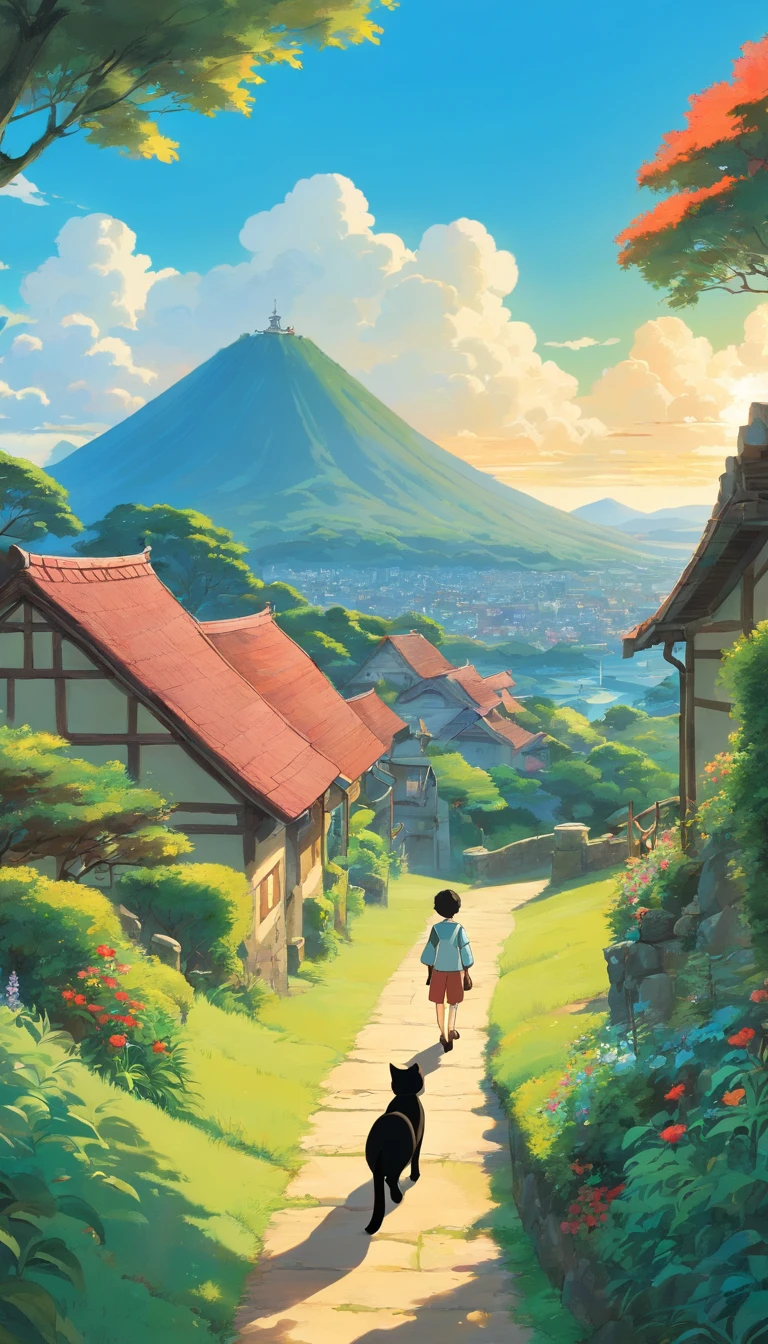 A landscape of a peaceful world, flores silvestres, brazi, The sun shines in the blue sky, algumas casas e campos de cultivo ao fundo, In the distance, a young man with short dark brown hair and light clothes looks at the landscape accompanied by his black cat, obra-prima, alta qualidade, no estilo de paisagens de jardim tranquilo.