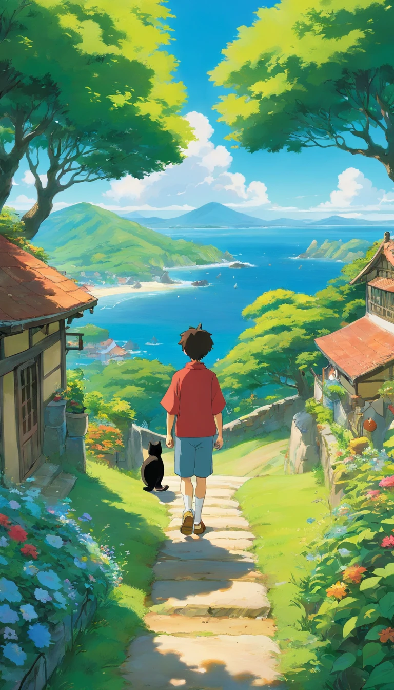 A landscape of a peaceful world, flores silvestres, brazi, The sun shines in the blue sky, algumas casas e campos de cultivo ao fundo, In the distance, a young man with short dark brown hair and light clothes looks at the landscape accompanied by his black cat, obra-prima, alta qualidade, no estilo de paisagens de jardim tranquilo.