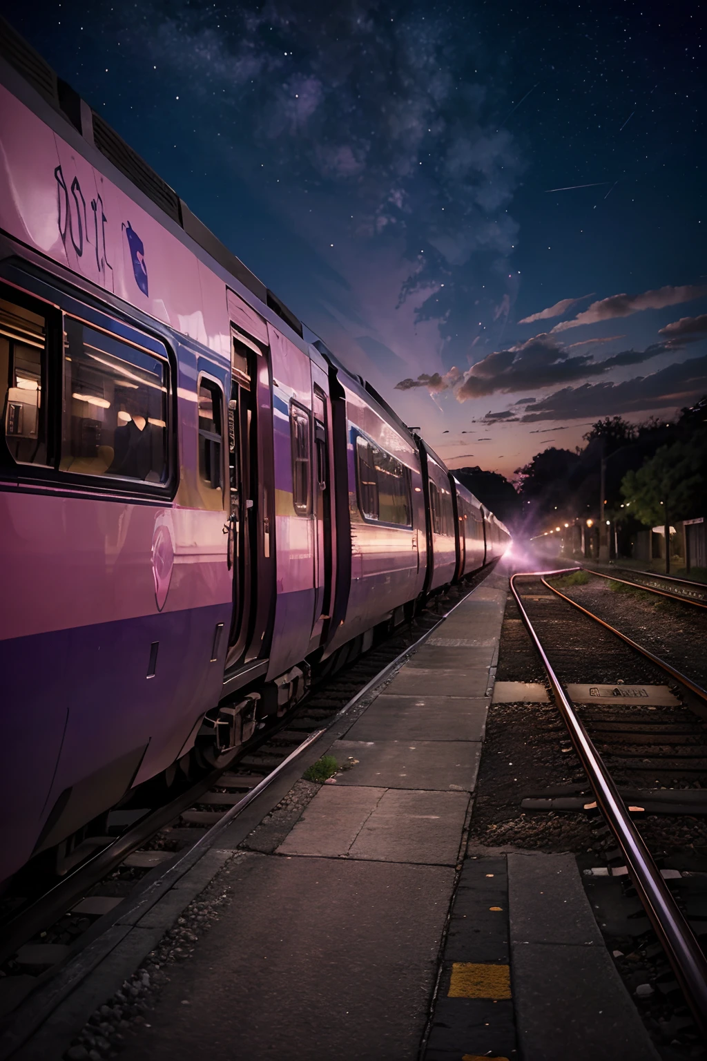 pixiv, anime drawing,high quality,pink purple sky,beautiful scene),(universe,train passing,magical real inspired by,Shirin Neshat