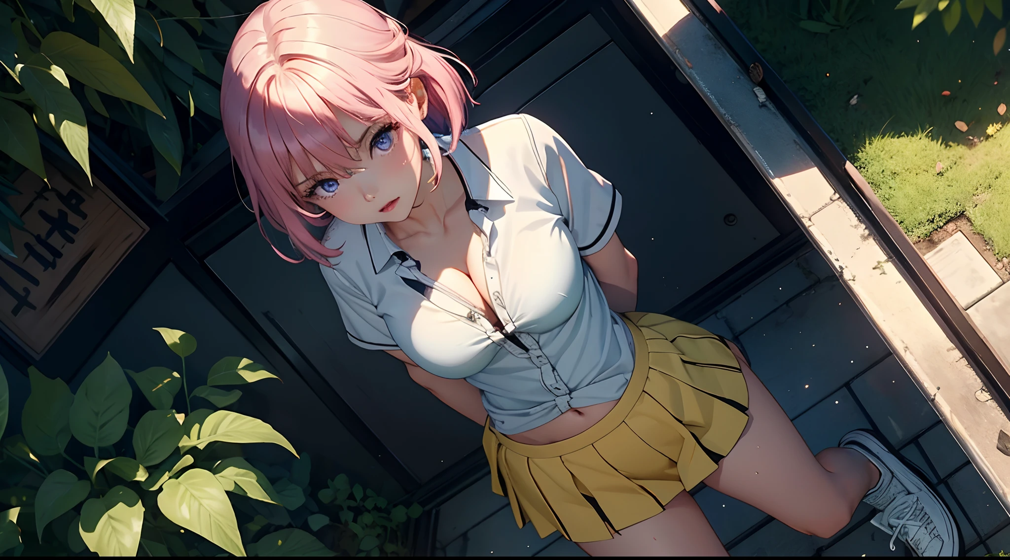 1female，15yo，Slim，熟妇，medium cleavage breasts Thin waist，slenderlegs，Pornographic exposure， 独奏，momo velia deviluke, hair ornament, bob cut, short hair pink hair, purple eyes, medium breasts,(wearing: yellow school uniform, sneaker), looking at viewer,（Background with：ln the forest，the rainforest，in summer，standing on your feet，Sweat profusely，drenched all over the body，seen from the front， hair straight， mostly cloudy sky，（（（tmasterpiece），（Very detailed CG unity 8K wallpaper），best qualtiy，cinmatic lighting，detailed back ground，beatiful detailed eyes，Bright pupils，（Very fine and beautiful），（Beautiful and detailed eye description），ultra - detailed，tmasterpiece，）），facing at camera，（Full body photo），Show shoes，A high resolution，ultra - detailed），revealing breasts， Bulge，legs are open，Raised sexy，Flushed complexion，Open-mouthed，frontage，full body