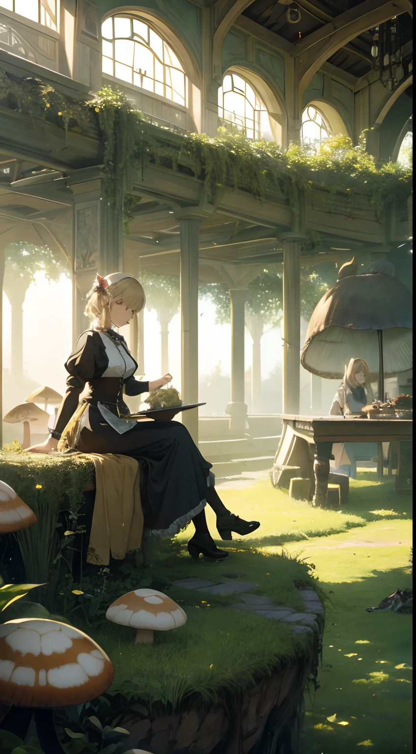 Lisbeth Zwerger, Arthur Rackham, Millicent Sowerby, David Revoy, surreal, mysterious, strange, fantastical, fantasy, Sci-fi fantasy, anime, beautiful girl Alice, blonde, giant mushroom forest, with a cat, adventure picnic, Alice sitting on top of huge mash room, hyper detailed masterpiece high resolution definition quality, depth of field cinematic lighting