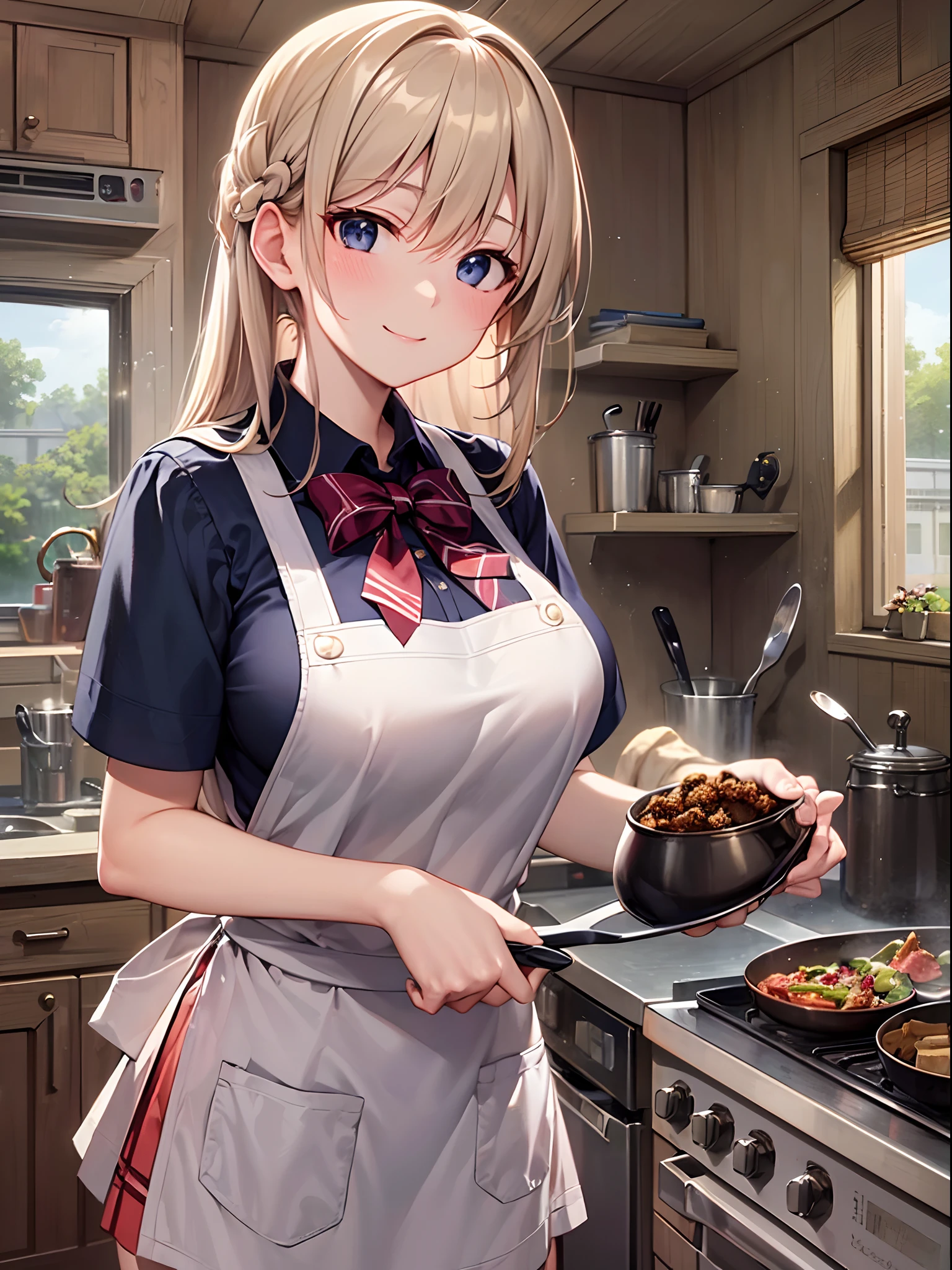 ((Finest quality)),(超A high resolution),(ultra-detailliert),((Best Anime)),sharpnes,Clair,Art with astounding depictions, (hi-school girl:1.3),Wearing an apron over a school uniform,huge tit,a smile, Preparing breakfast in the kitchen