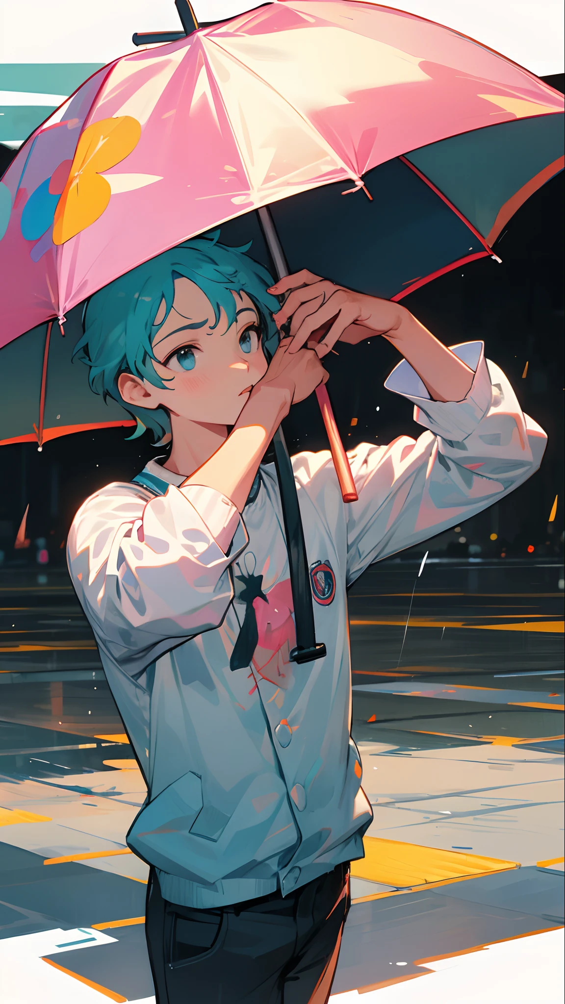 Um menino na chuva sozinho