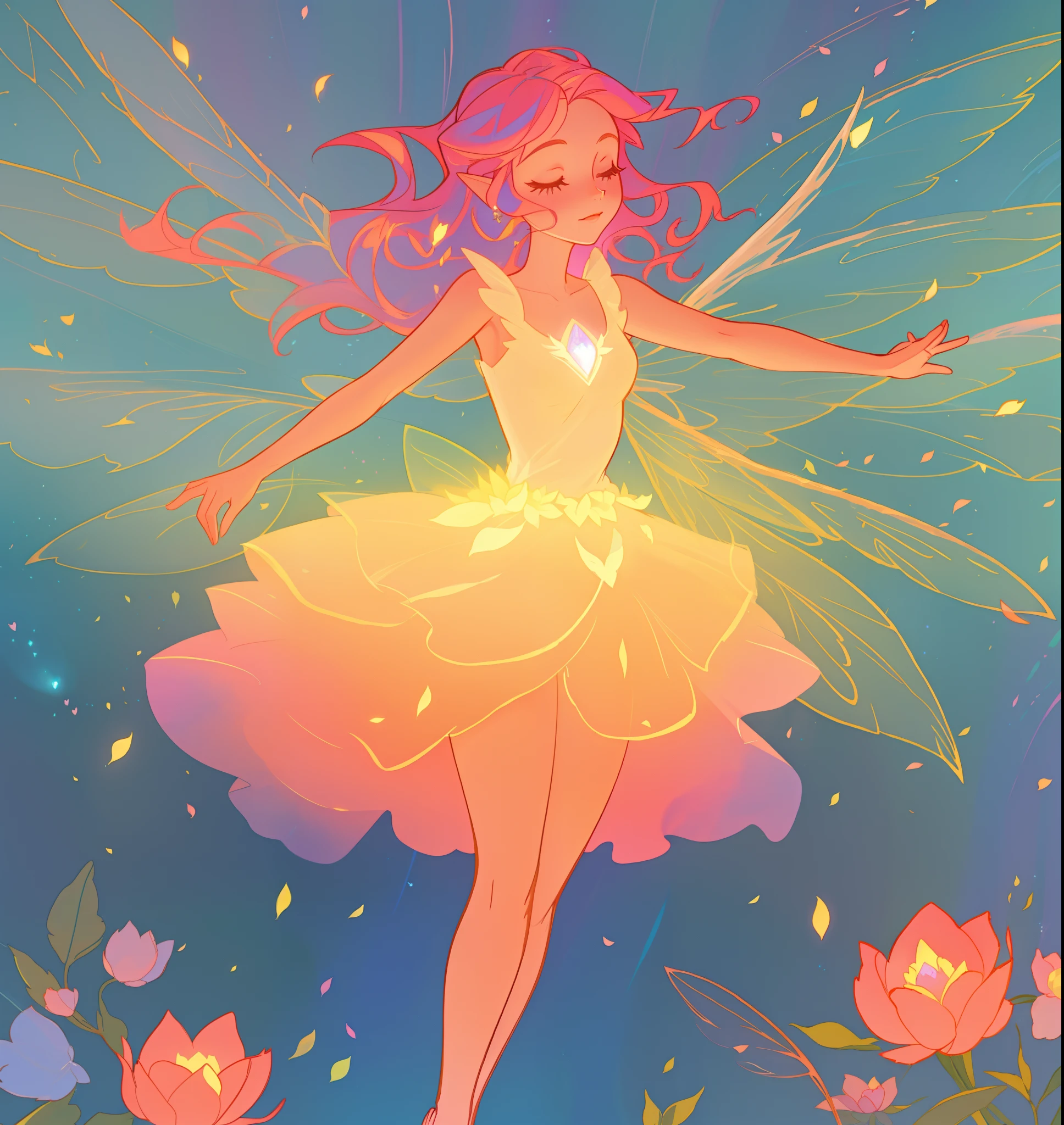 beautiful fairy girl in tiered layered dress, fairy dress made of flower petals, gradient layered tutu skirt, magical flowers, fairy queen, magical forest background, (glowing fairy wings), long wavy hair, sparkling fairy wings, watercolor illustration, flowers and colorful plants, inspired by Glen Keane, inspired by Lois van Baarle, disney art style, by Lois van Baarle, glowing aura around her, by Glen Keane, jen bartel, glowing lights! digital painting, flowing glowing hair, glowing flowing hair, beautiful digital illustration, fantasia otherworldly landscape plants flowers, beautiful, masterpiece, best quality, anime disney style
