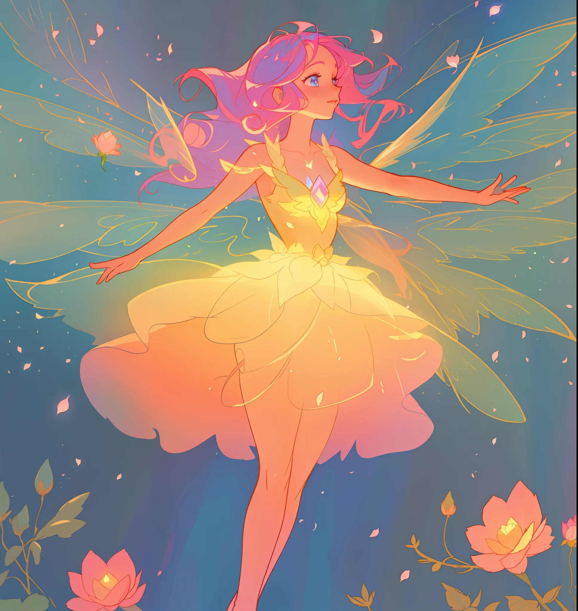 beautiful fairy girl in tiered layered dress, fairy dress made of flower petals, gradient layered tutu skirt, magical flowers, fairy queen, magical forest background, (glowing fairy wings), long wavy hair, sparkling fairy wings, watercolor illustration, flowers and colorful plants, inspired by Glen Keane, inspired by Lois van Baarle, disney art style, by Lois van Baarle, glowing aura around her, by Glen Keane, jen bartel, glowing lights! digital painting, flowing glowing hair, glowing flowing hair, beautiful digital illustration, fantasia otherworldly landscape plants flowers, beautiful, masterpiece, best quality, anime disney style