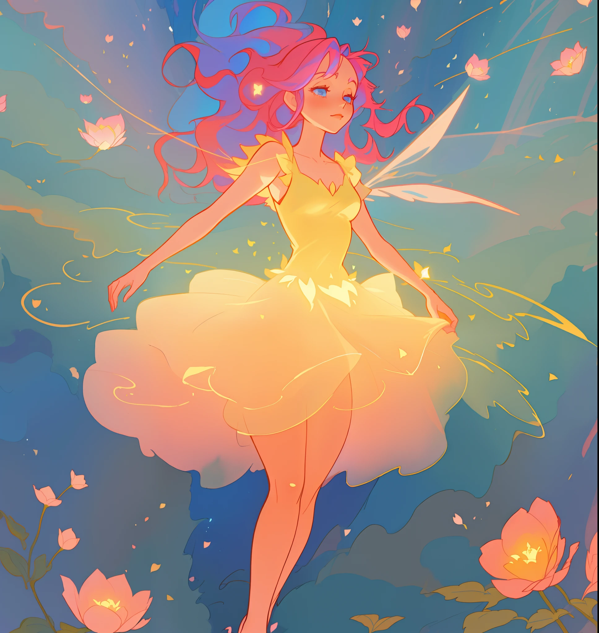 beautiful girl in flowing tiered layered ballgown dress, fairy dress, fairy queen, magical forest background, (glowing fairy wings), glowing flowing ballgown, long wavy hair, sparkling fairy wings, watercolor illustration, flowers and colorful plants, inspired by Glen Keane, inspired by Lois van Baarle, disney art style, by Lois van Baarle, glowing aura around her, by Glen Keane, jen bartel, glowing lights! digital painting, flowing glowing hair, glowing flowing hair, beautiful digital illustration, fantasia otherworldly landscape plants flowers, beautiful, masterpiece, best quality, anime disney style